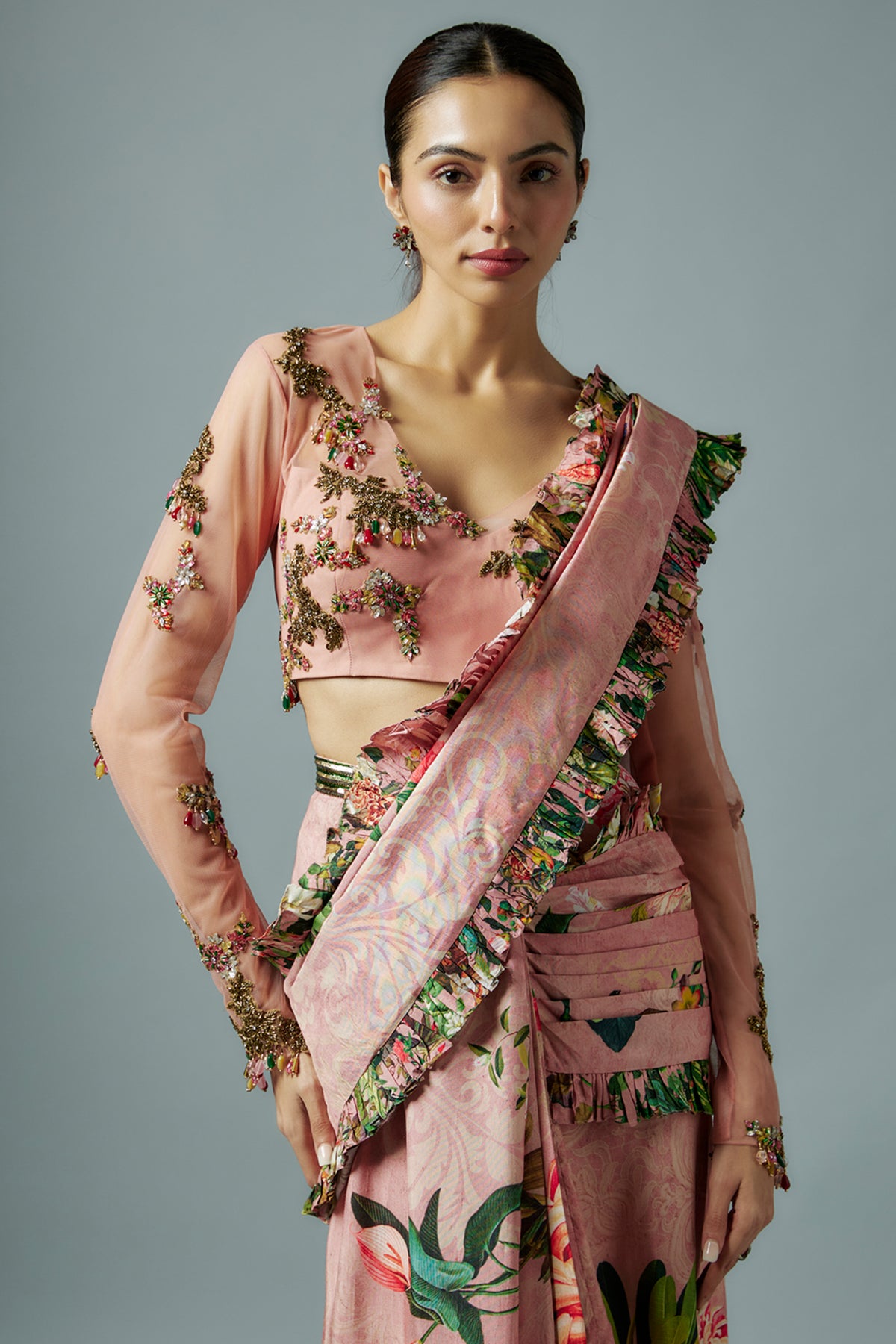 Pink Botanical Printed Saree Set