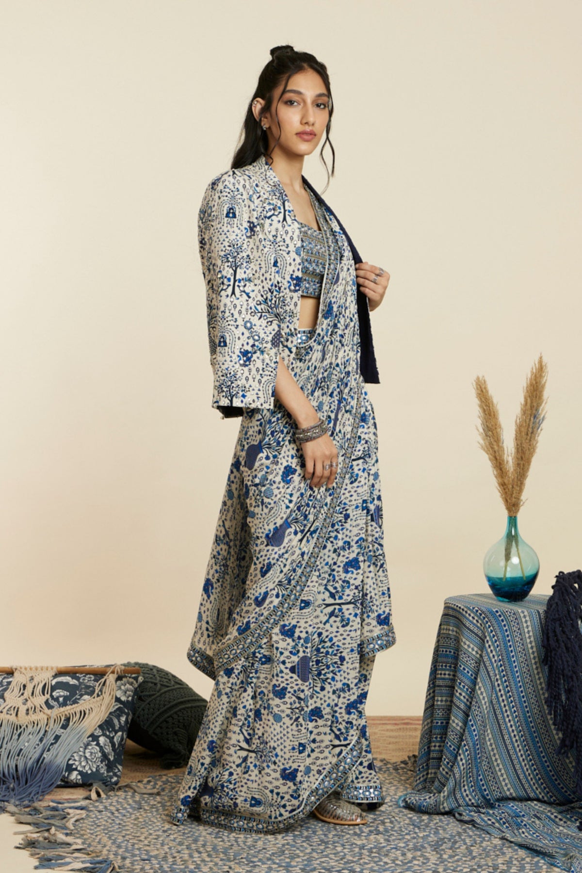 Blue Cascade Saree Set With Jacket