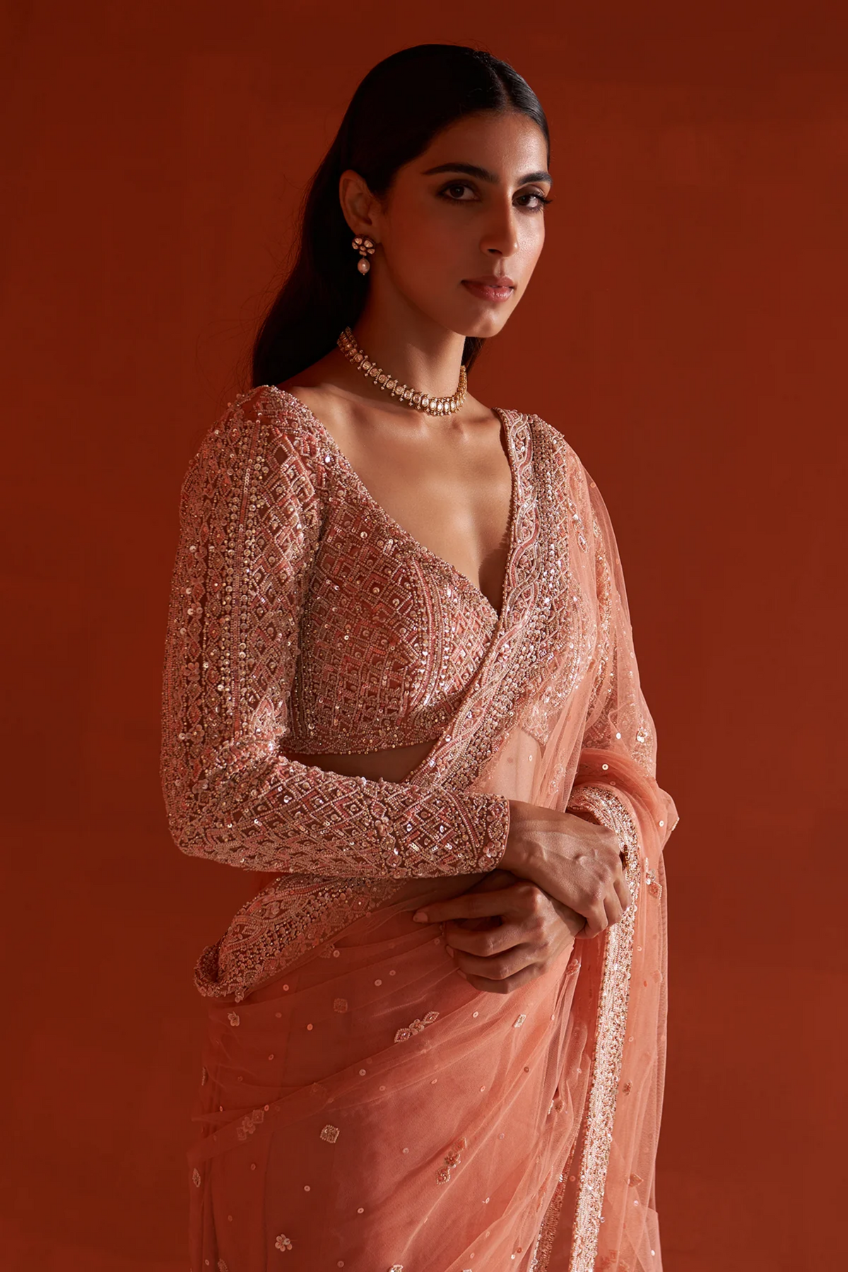 Pastel Orange Net Saree