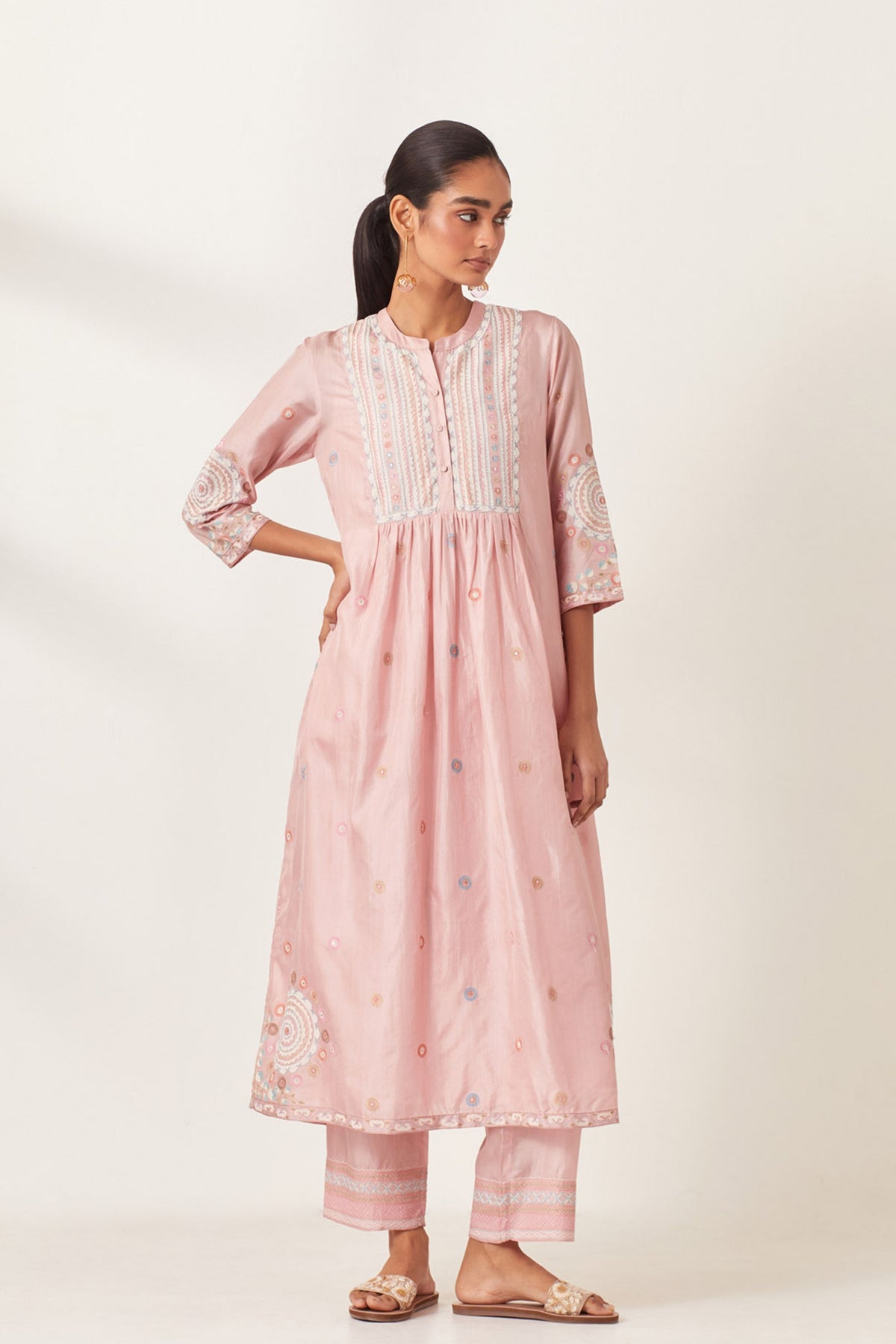 Pink Silk Gathered Kurta Set