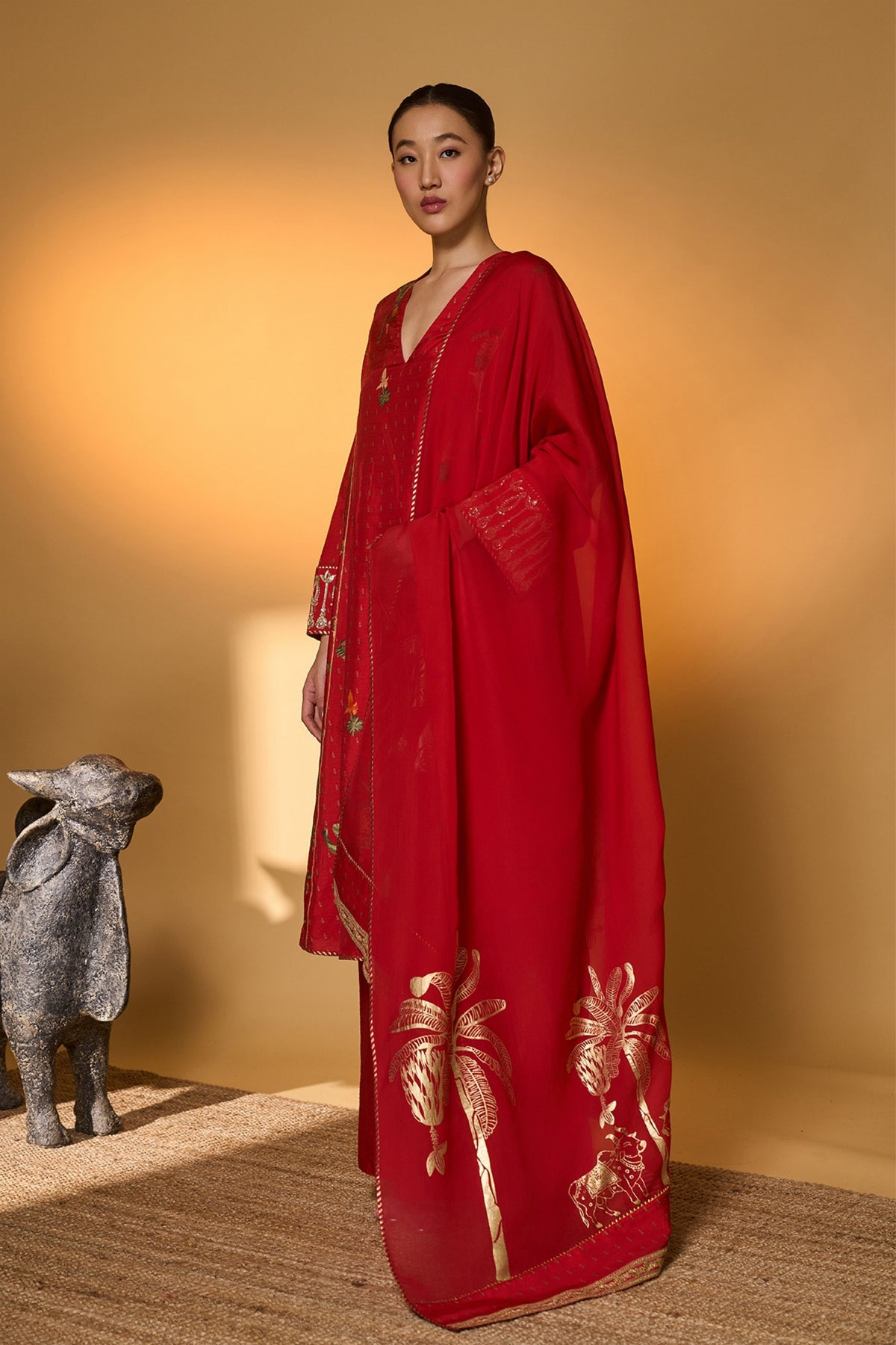 Red Tropical Anarkali Set