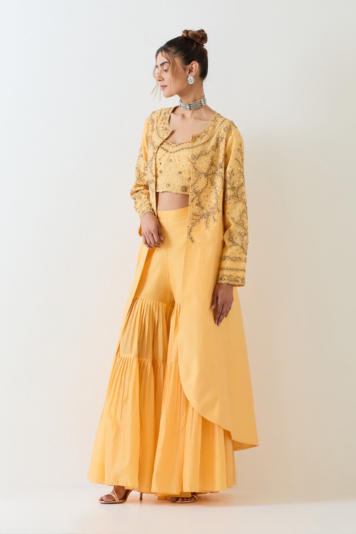 Chanderi Silk Long Jacket Sharara Set