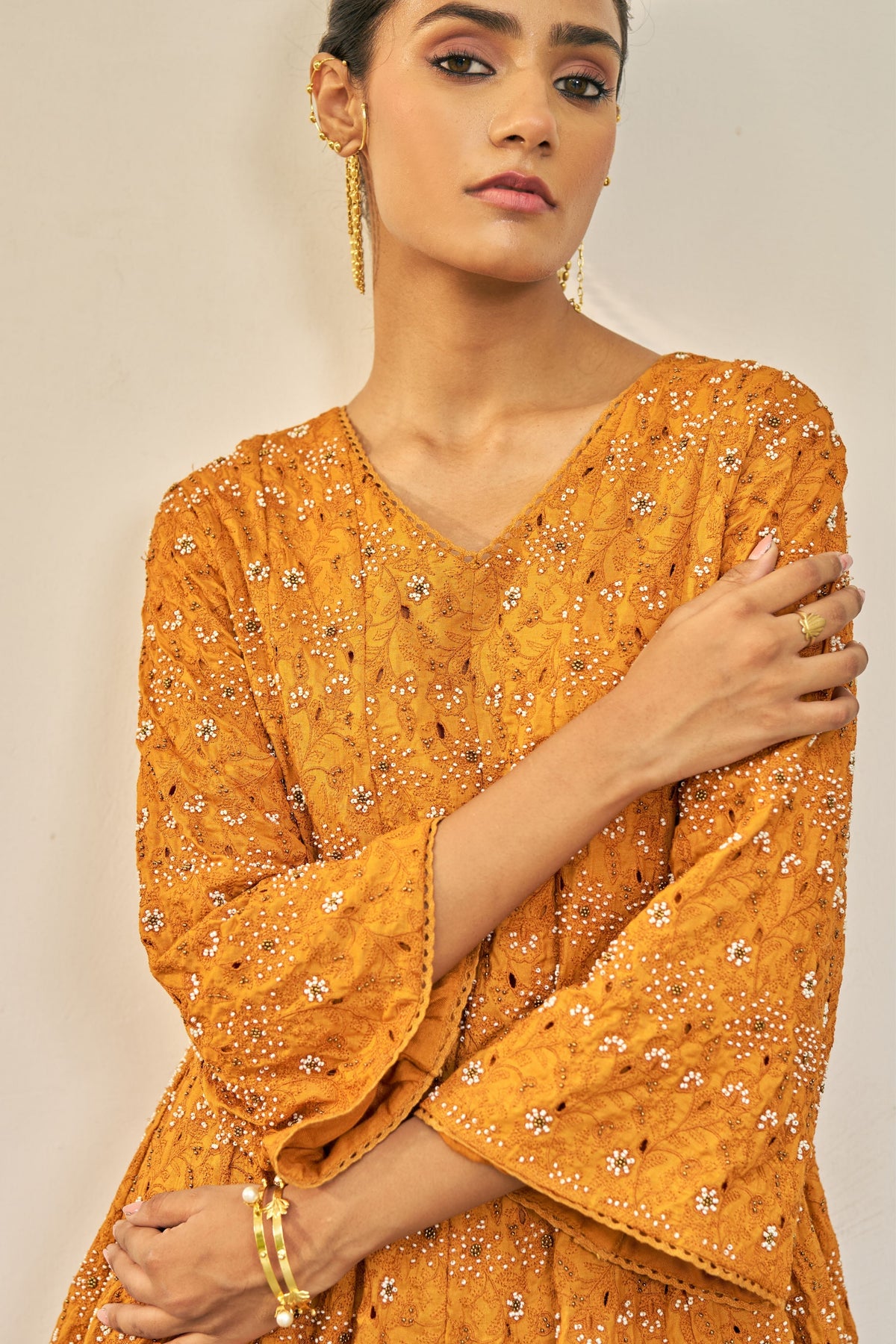 Ochre Hand Embroidered Short Kurta Set