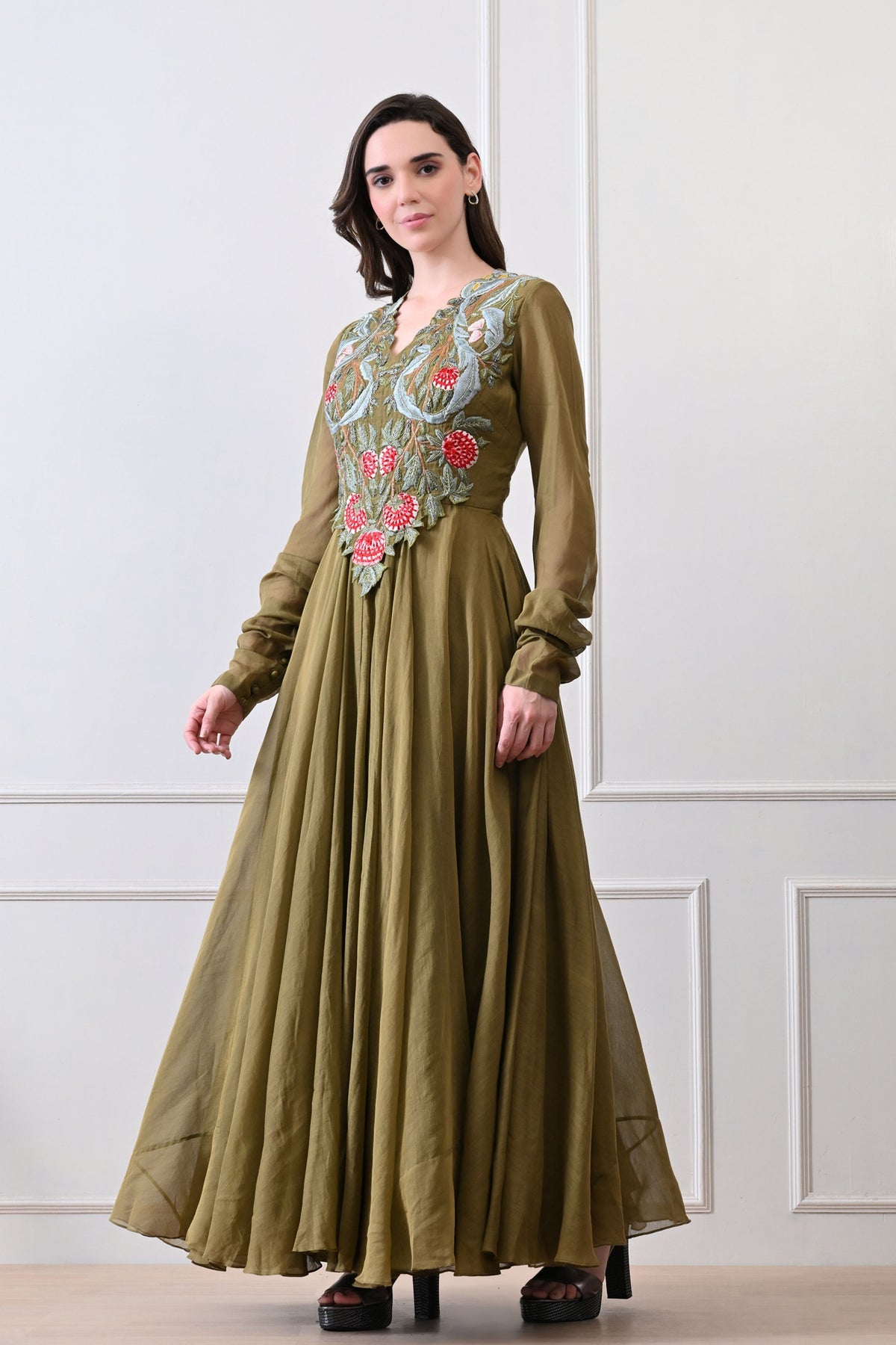 Olive V-neck Embroidered Anarkali