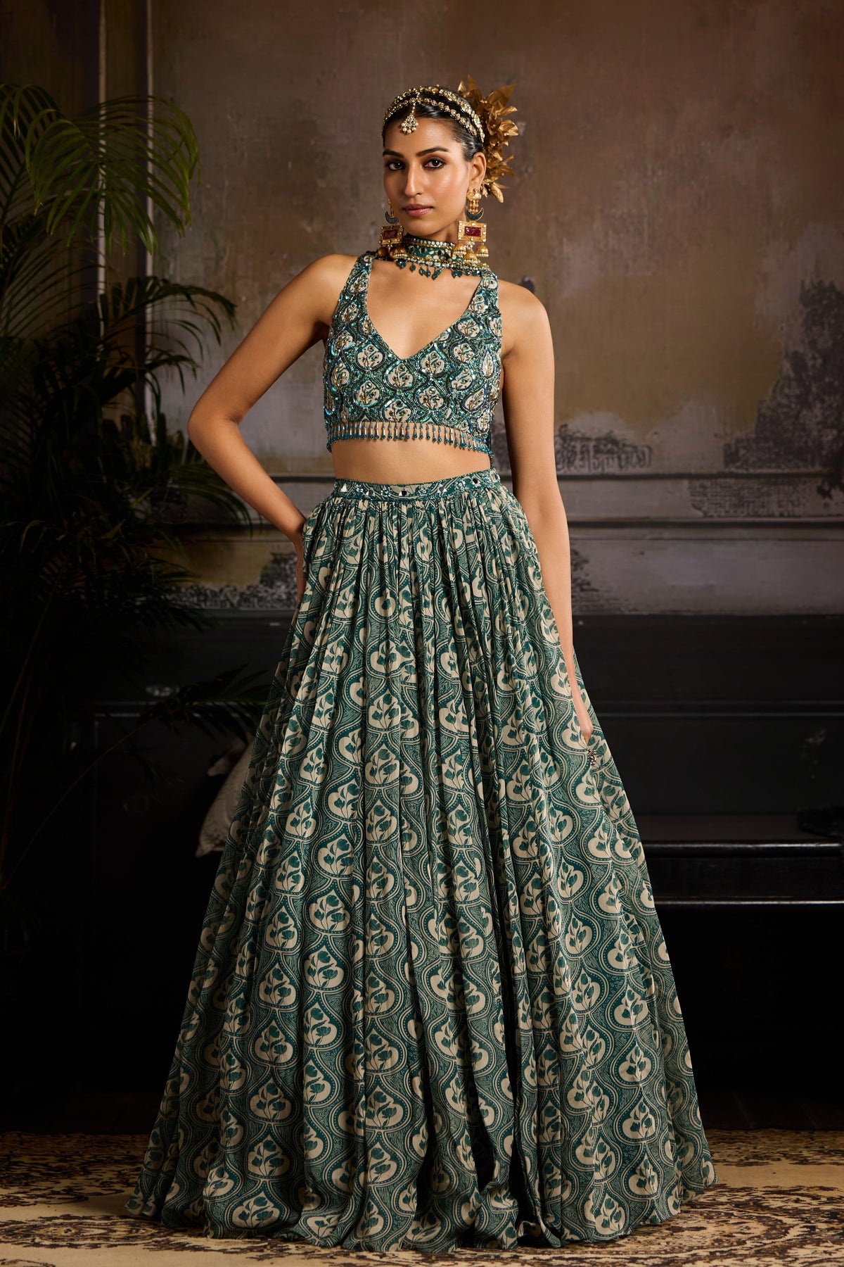 Teal Printed Lehenga Set