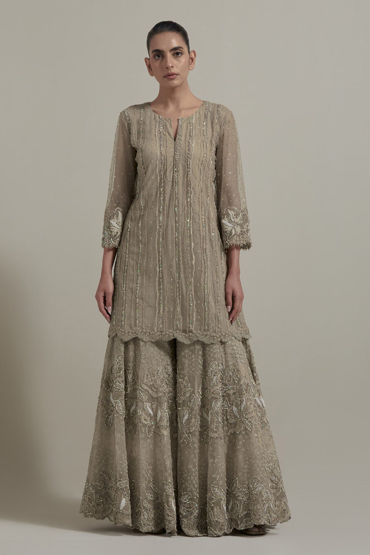 Beige Textured Sharara Set