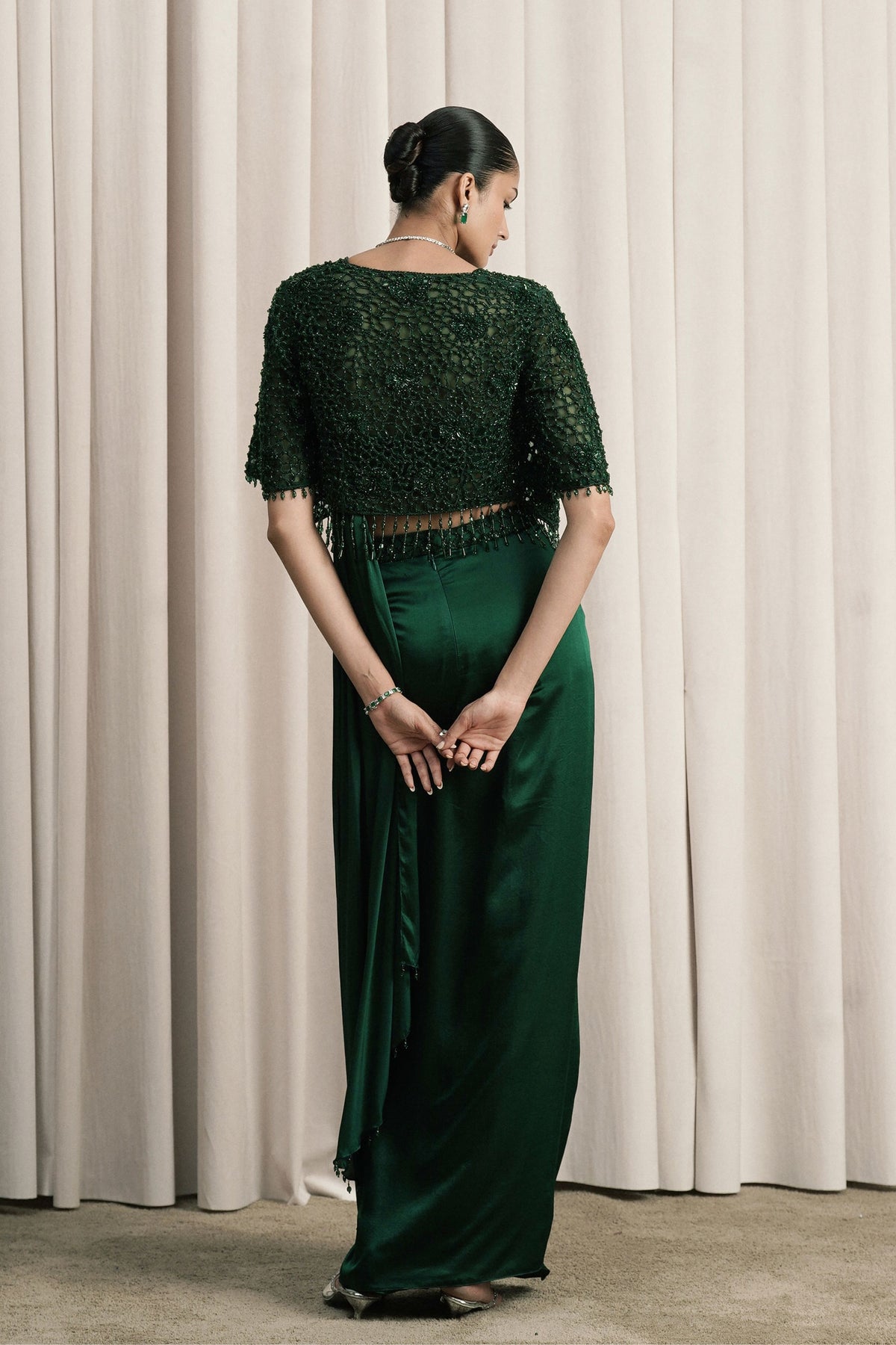 Emerald Green Floral Embellished Saree Set