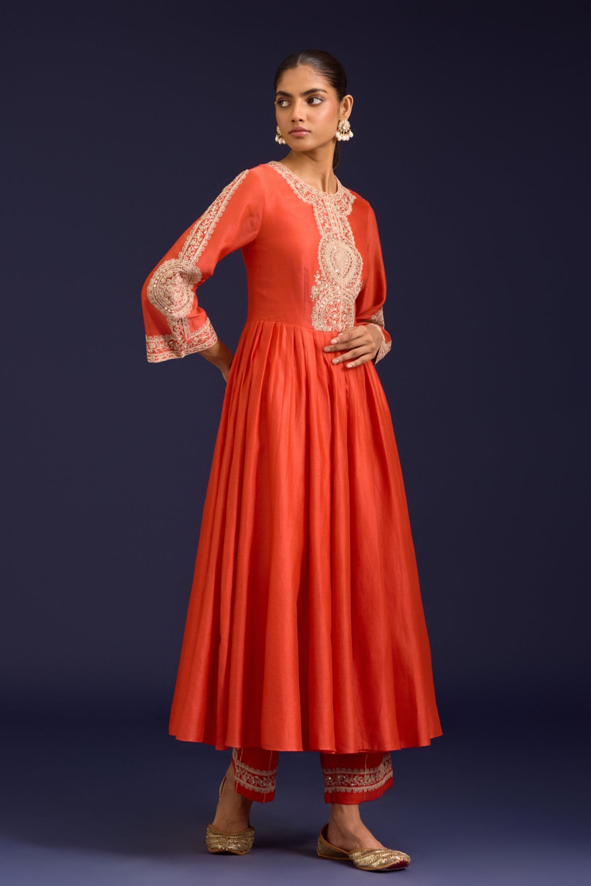 Orange Silk Chanderi Anarkali Set