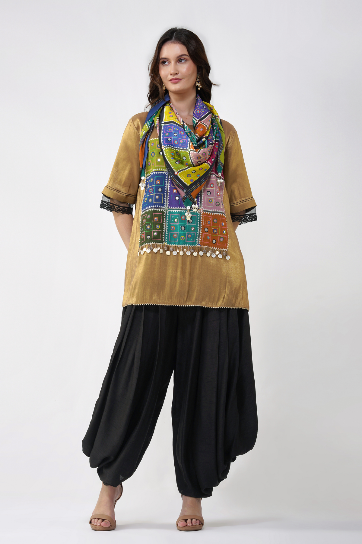 Mirrorwork Printed Top and Dhoti Set