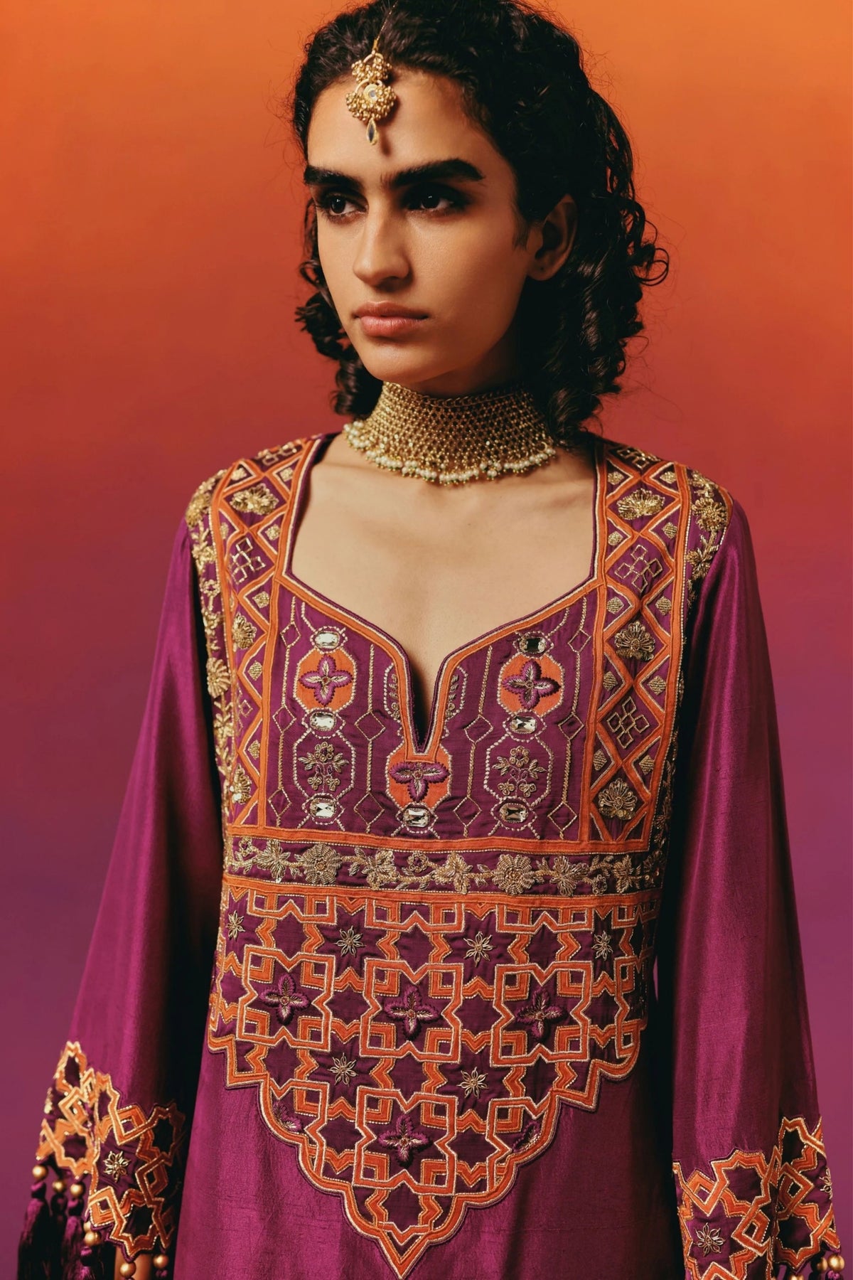 Purple Orange Jaal Kurta Set
