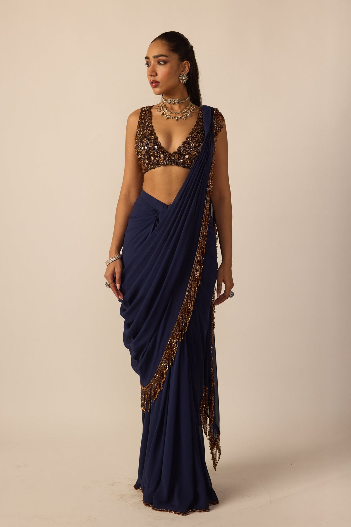 Deep Blue Georgette Tassel Saree