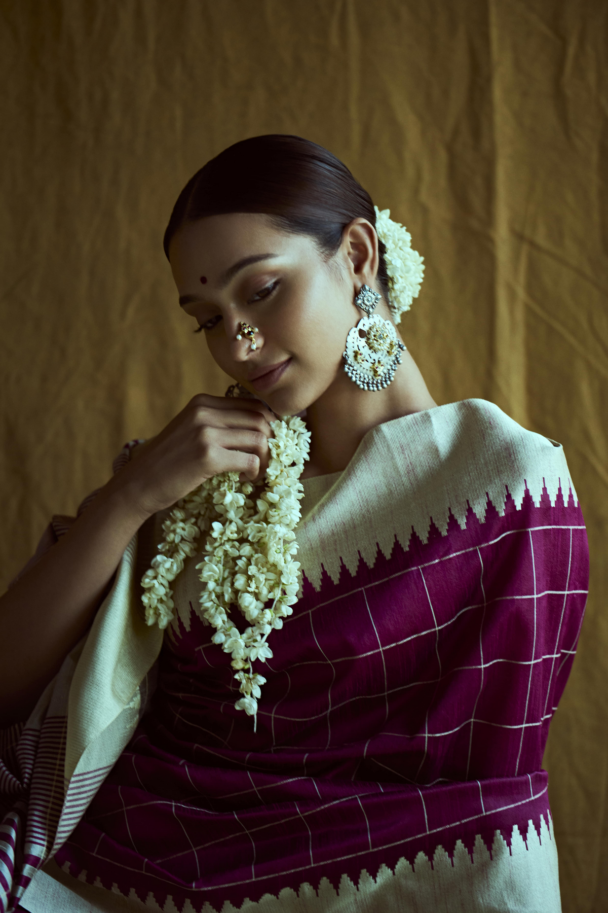 Pink Raw Silk Checked Temple Border Saree