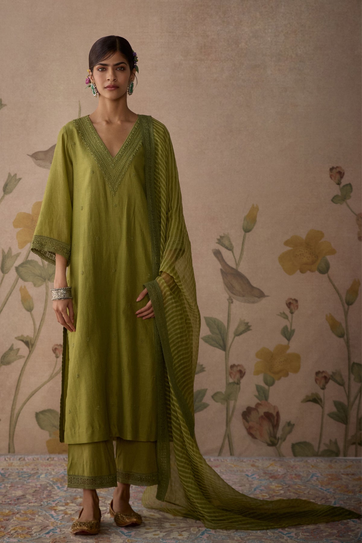 Green Self Embroidered Kurta Set
