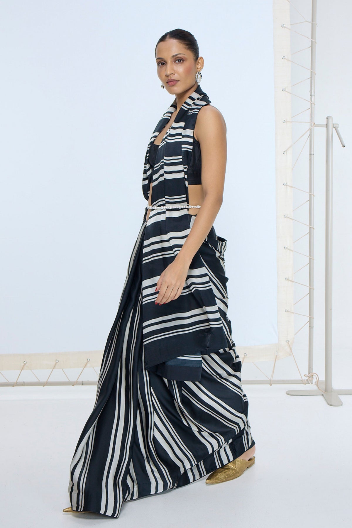 Black and White Striped Saree