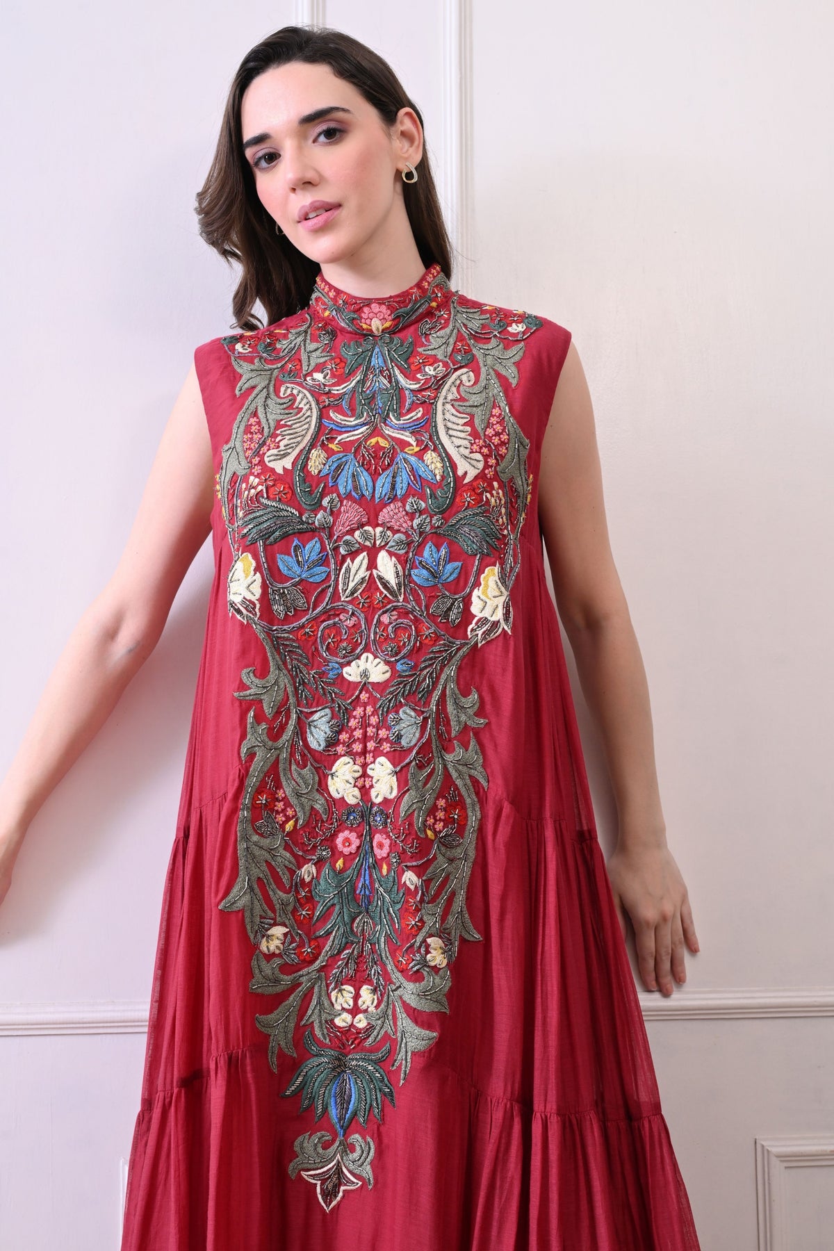 Maroon High-neck Maxi Dress