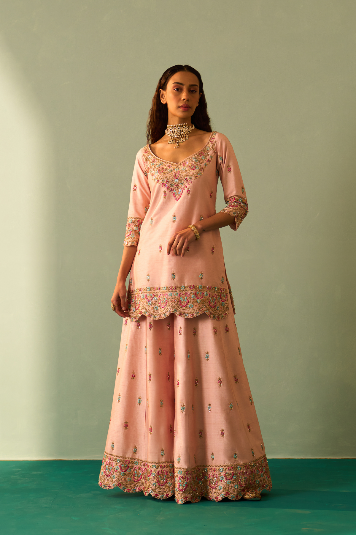 Pink Raw Silk Sharara Set