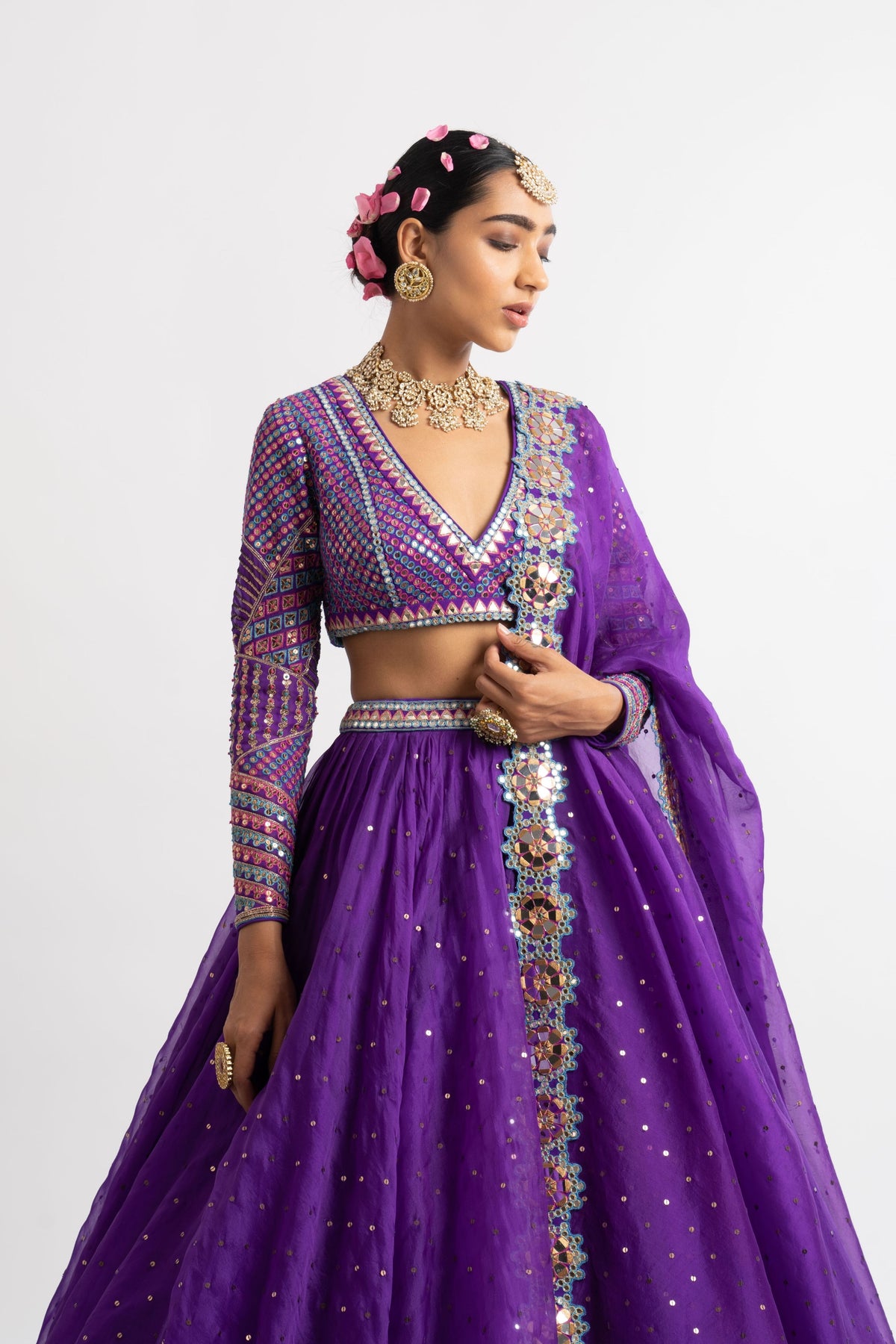 Purple silk organza lehenga set