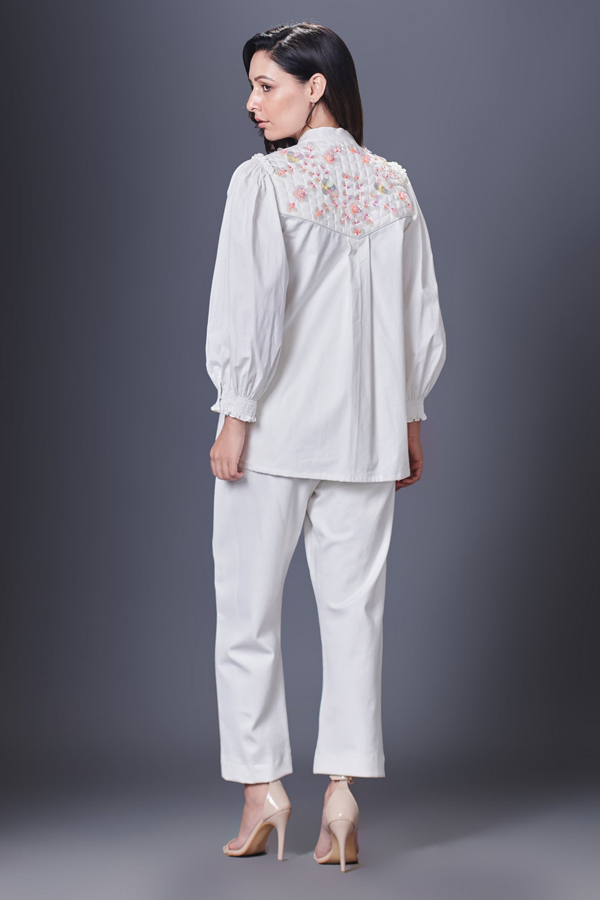 White Stylish Jacket With Hand Embroidered Quilted Yoke