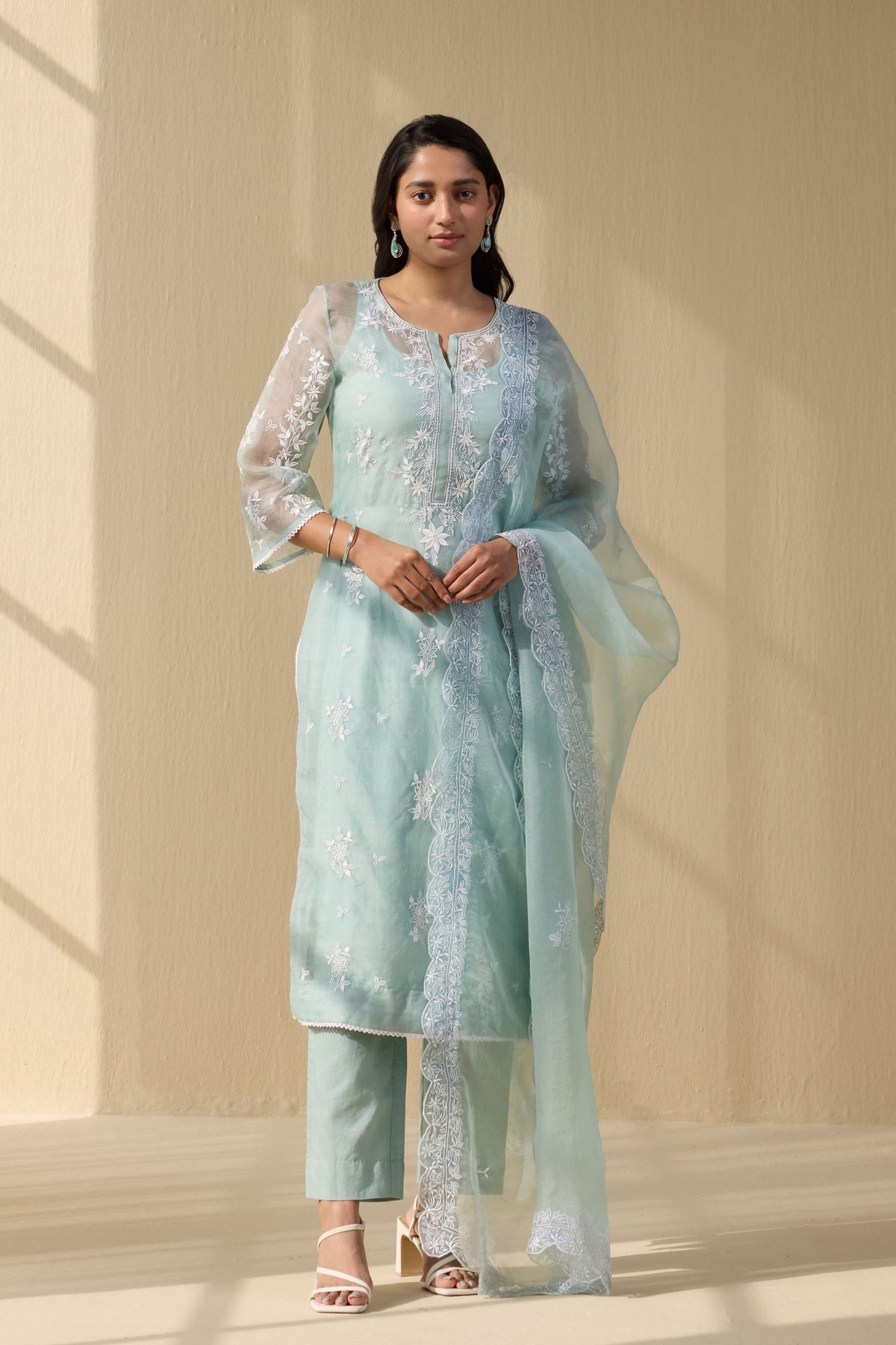 Powder green Embroidered Organza Suit