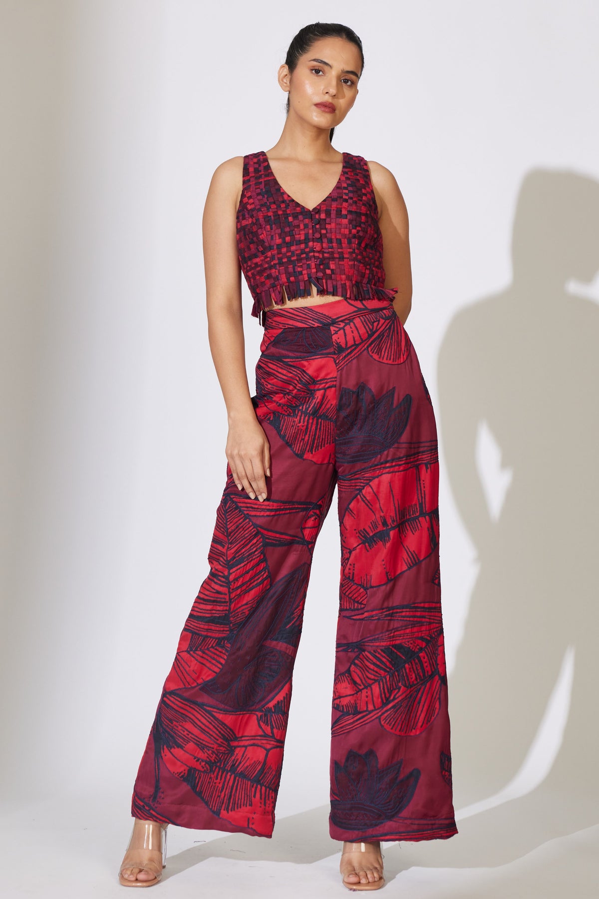 Red and Maroon Embroidered Pant