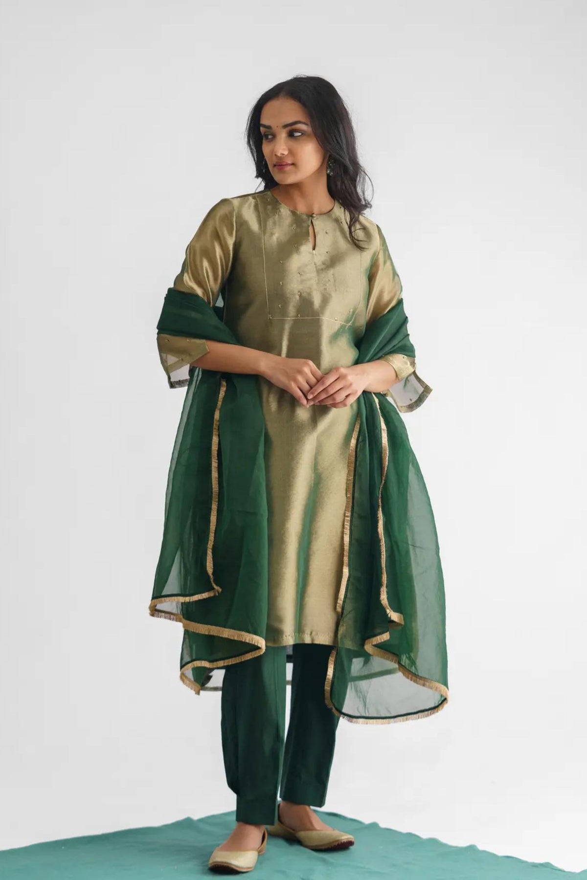 Green Sequence Tissue Kurta