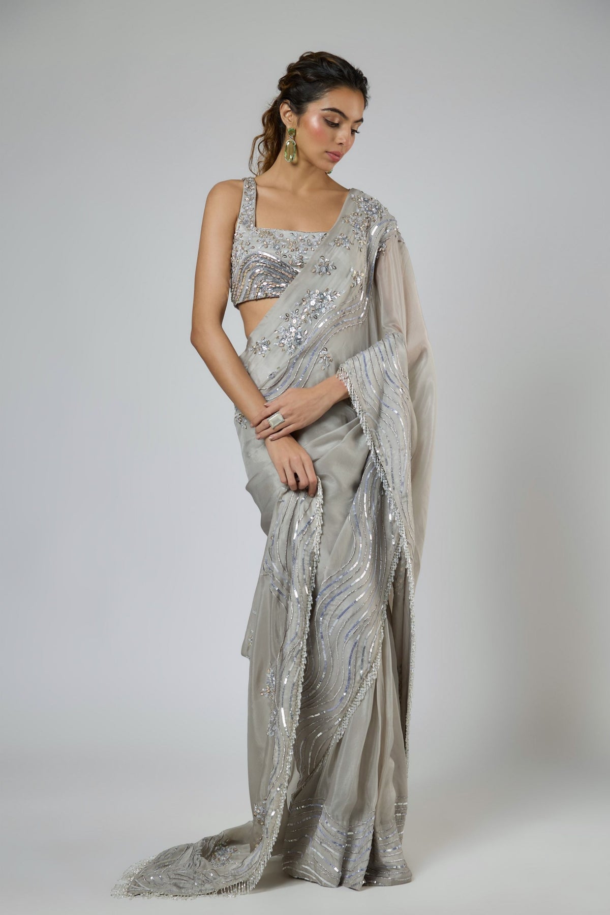 Grey Embroidered Draped Saree Set