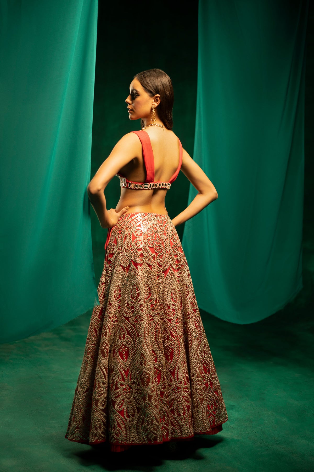 Red Mirrorwork Lehanga Set