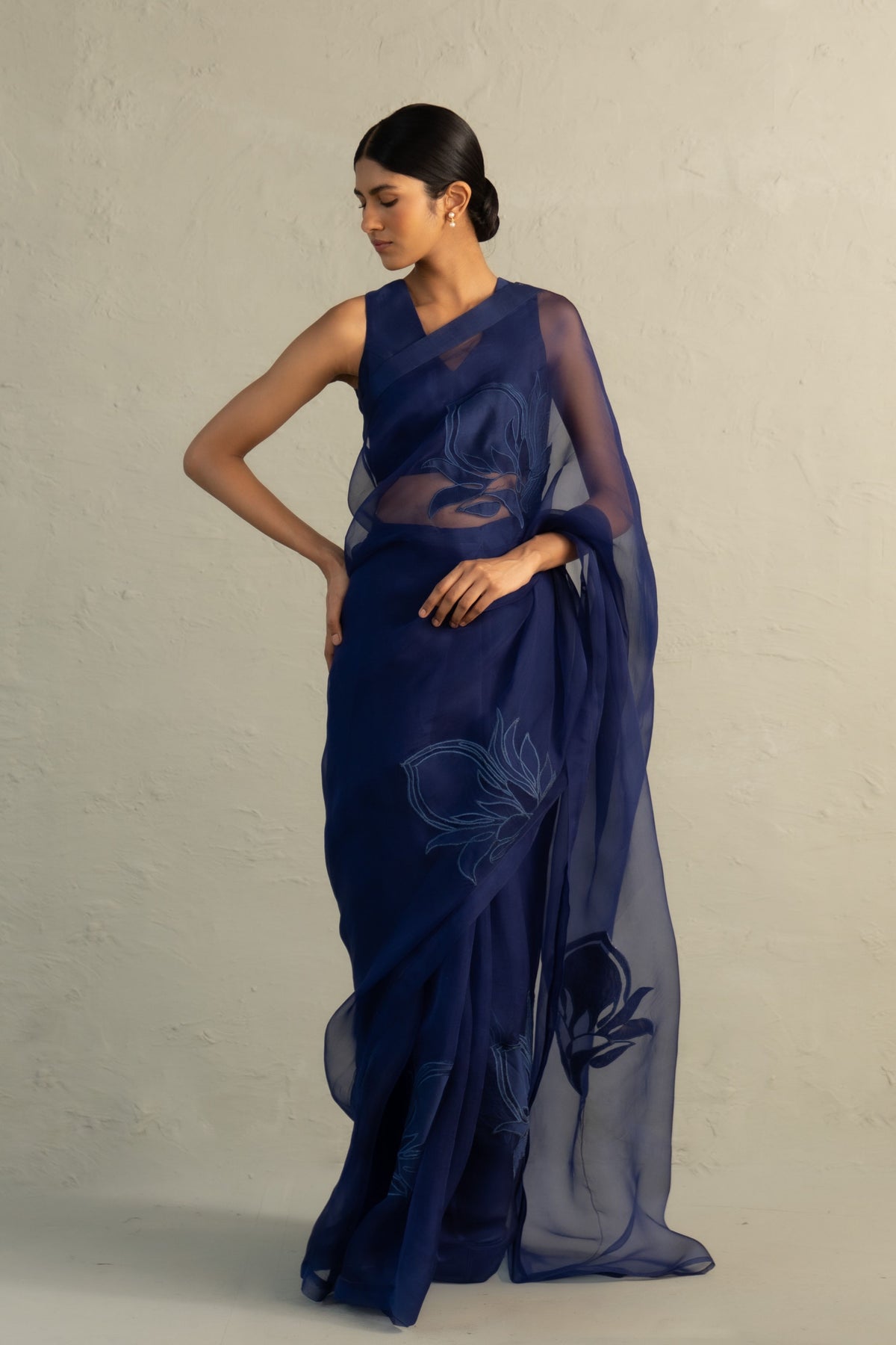 Blue Organza Applique Saree Set