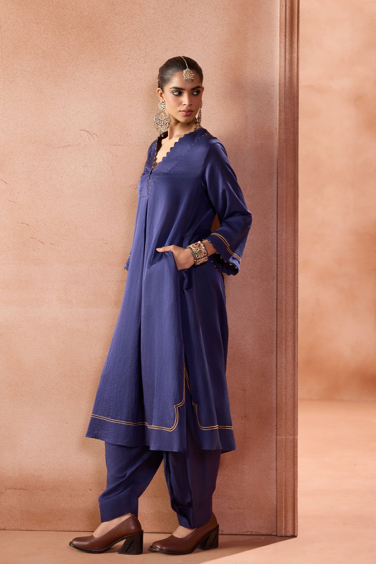 Navy Box Pleated Pants Kurta Set