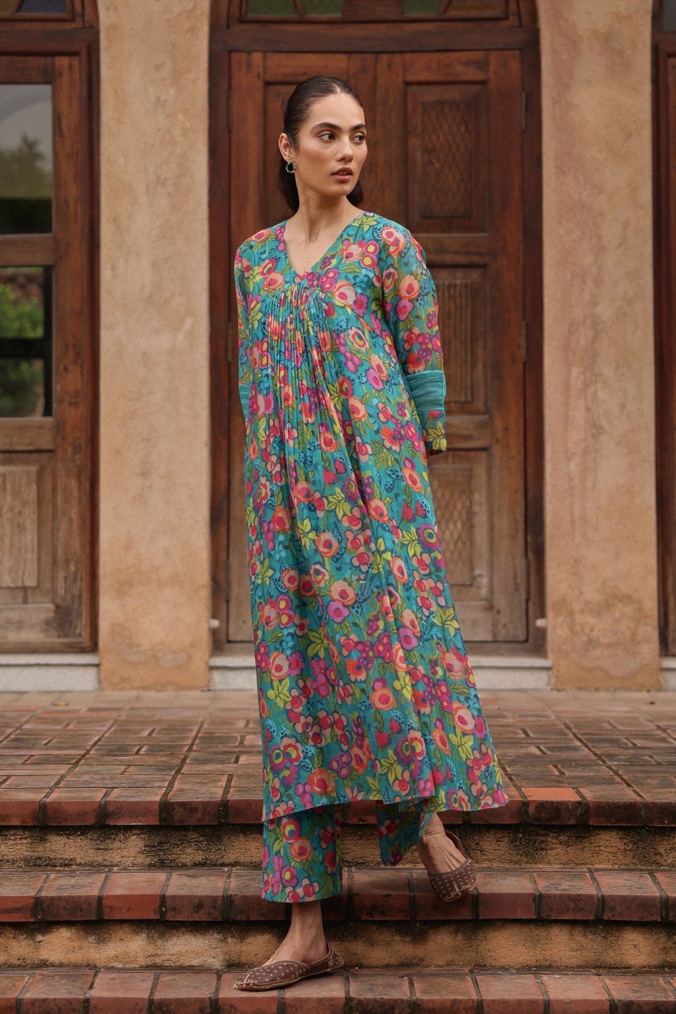 Teal Bloom Kurta Set - Vaayu - Elahe