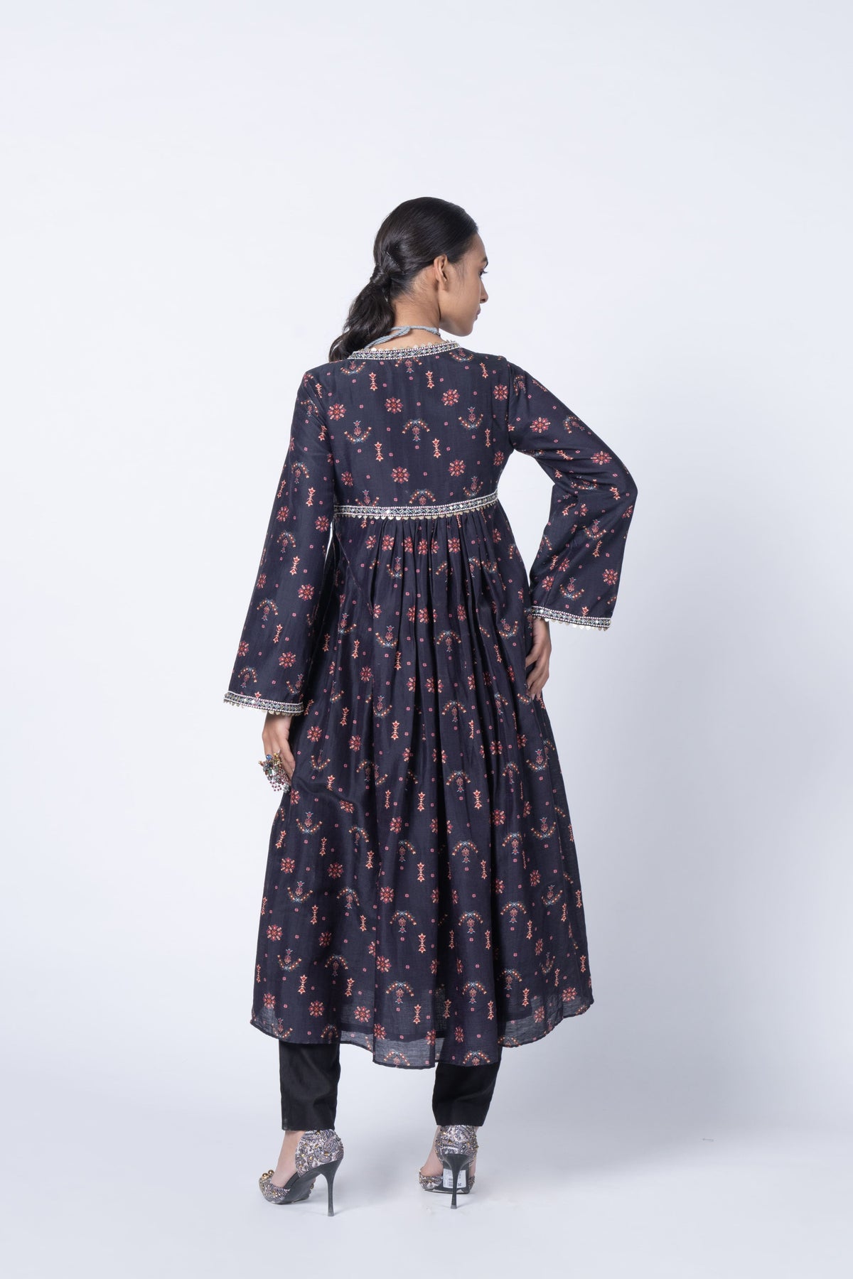 Black Buta Print Embellished Kurta Set