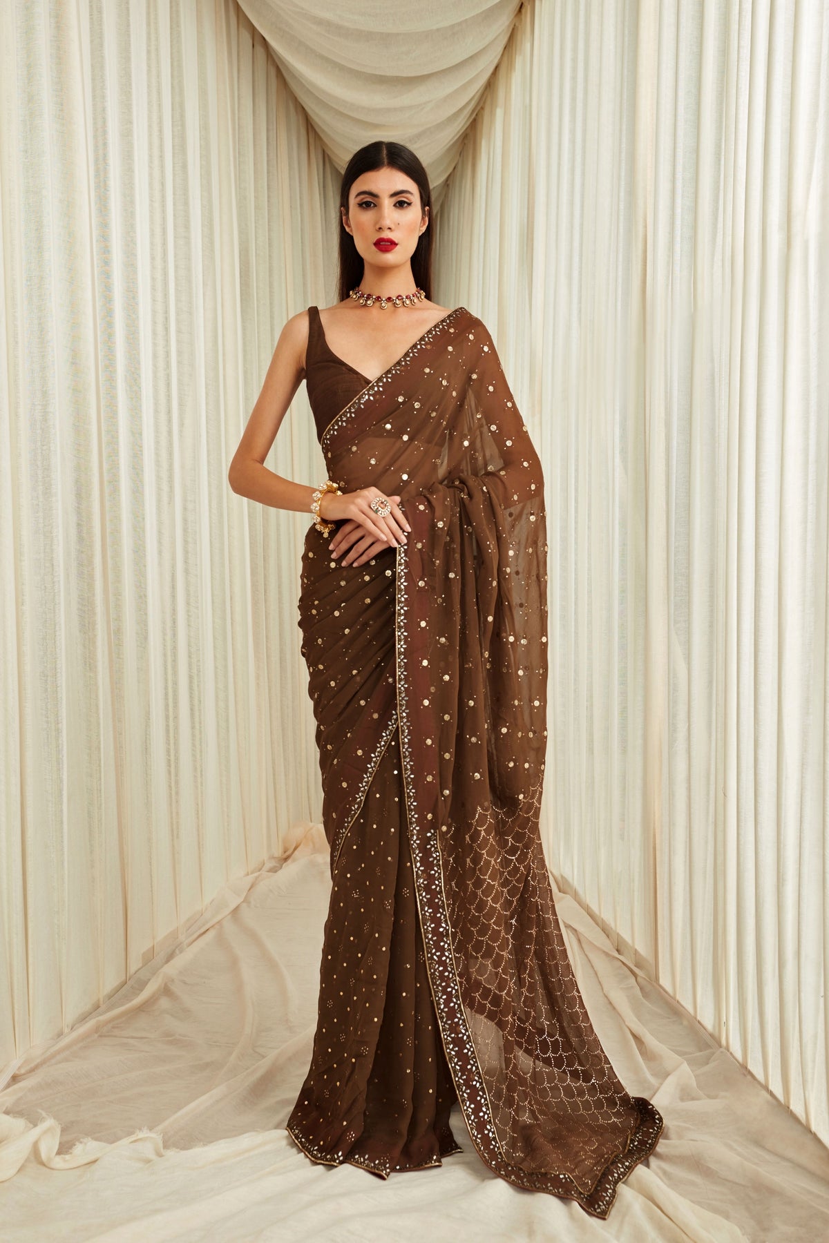 Coffee Cloud Saree Set
