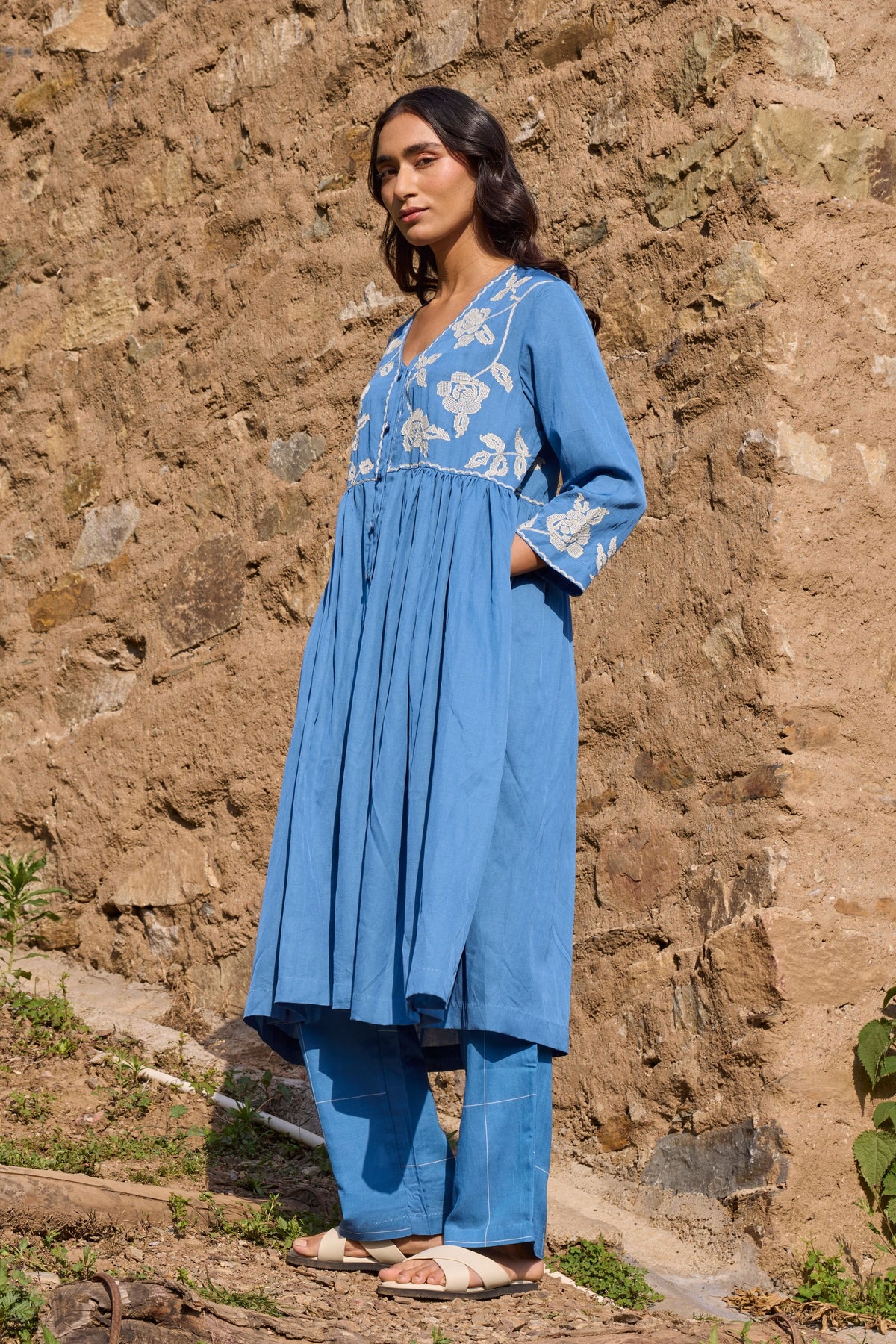 Blue Gathered Embroidered Kurta