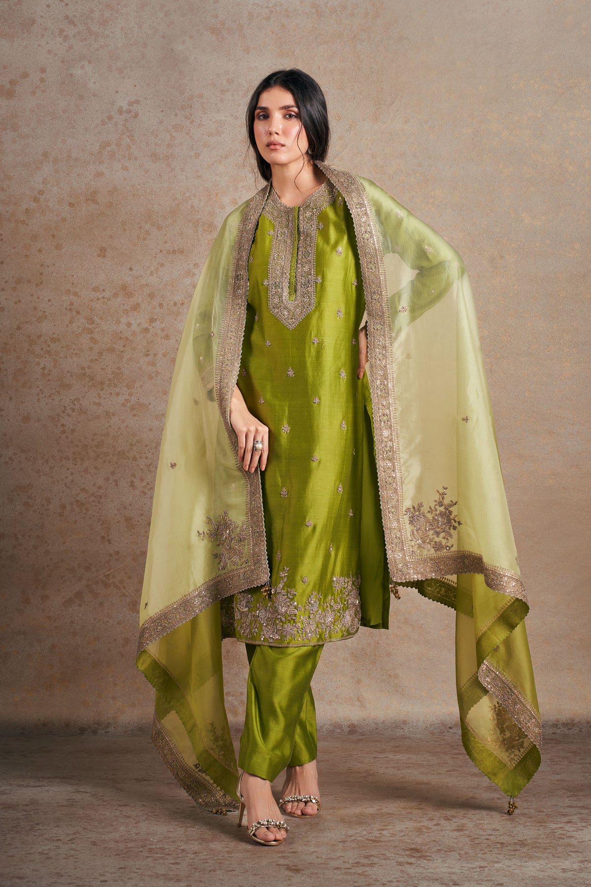 Artisanal Olive Green Dori Kurta Set