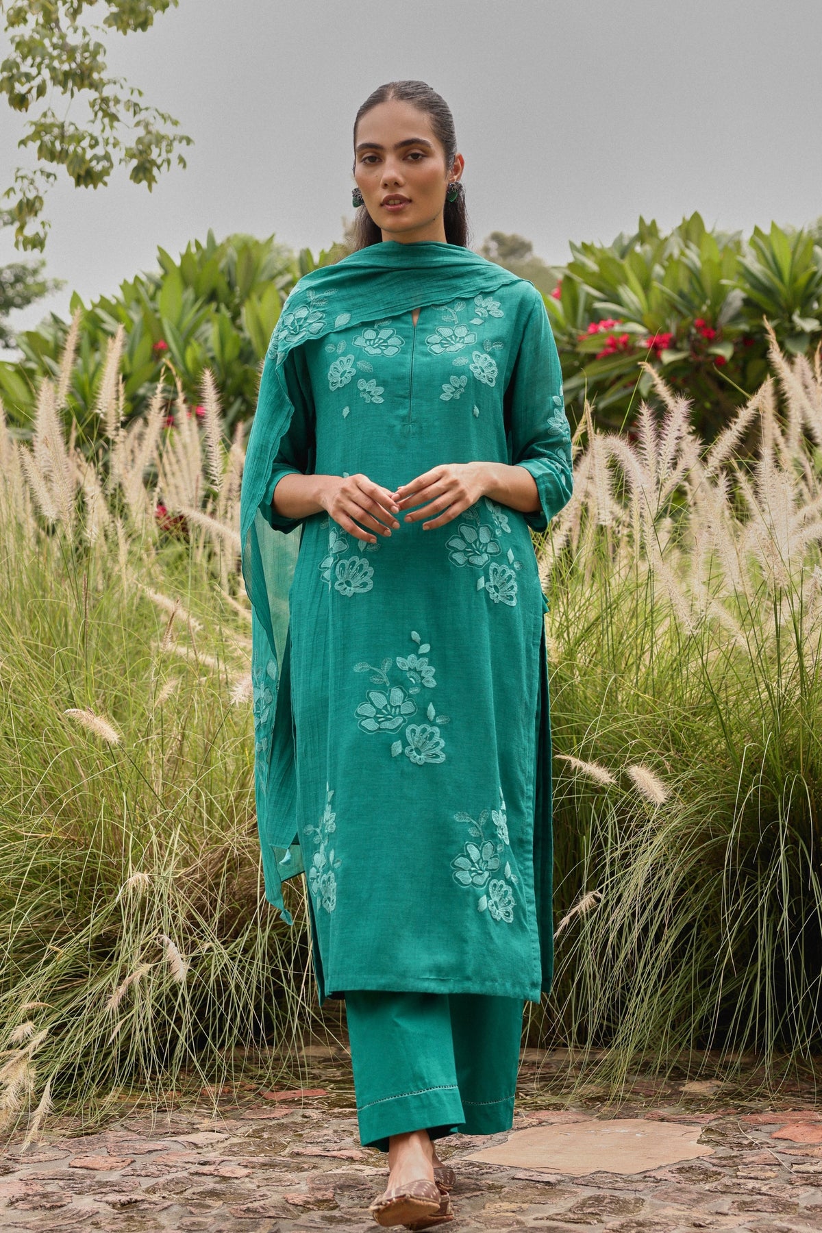 Teal Applique Embroidered Kurta Set