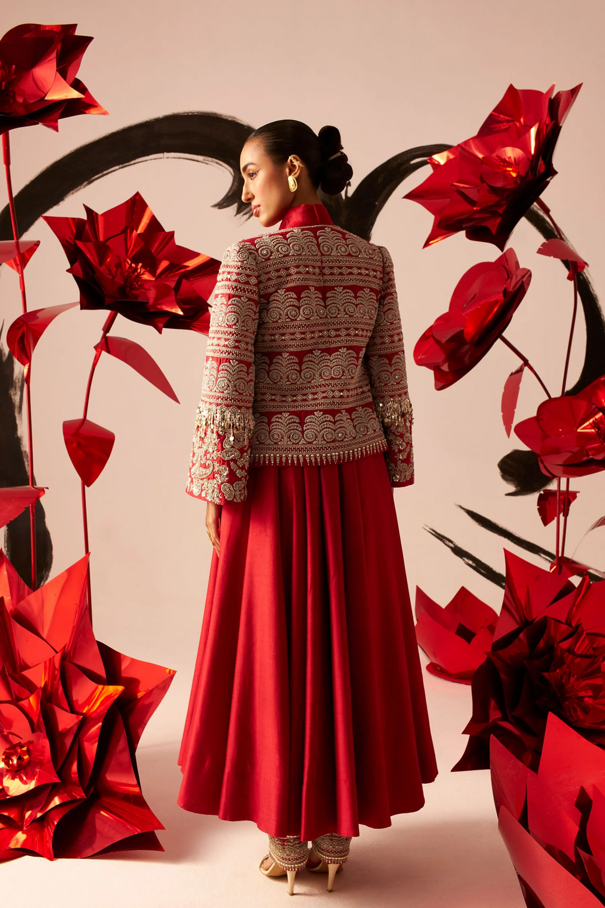 Retro Red Anarkali With Jacket