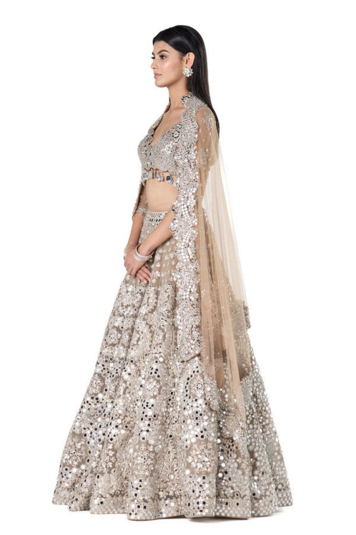 Mirror Work Lehenga Set in Beige