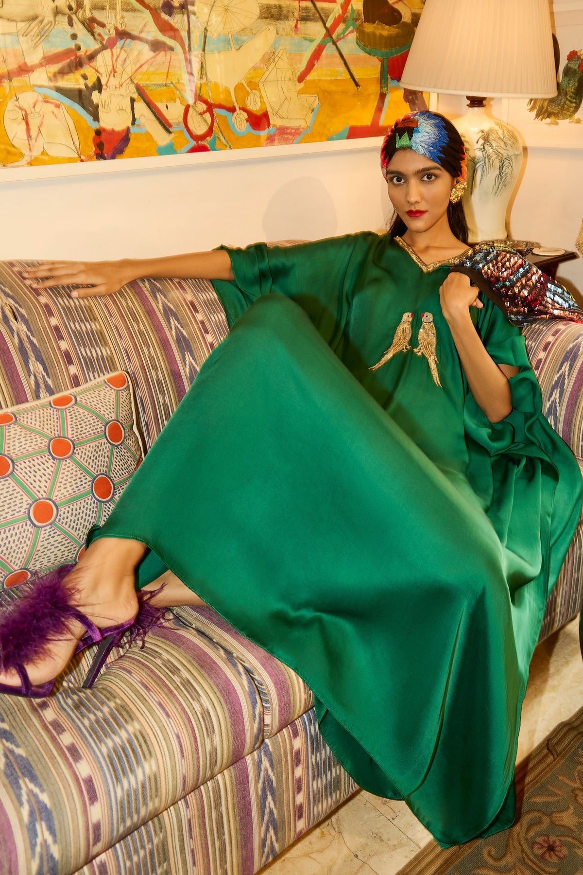 Green Kaftan With Parrot Motif