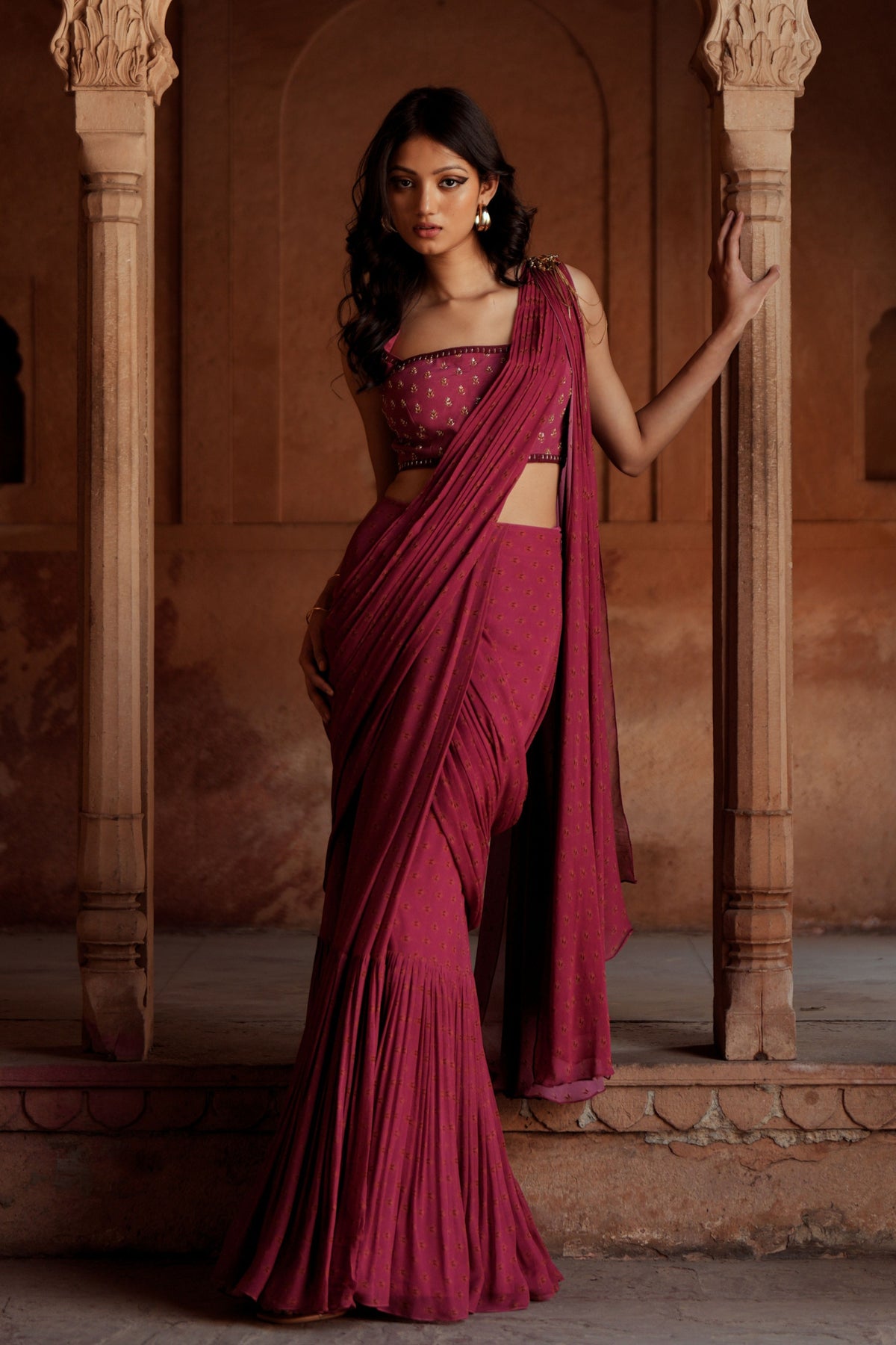 Mulberry Pink Drape Saree Set