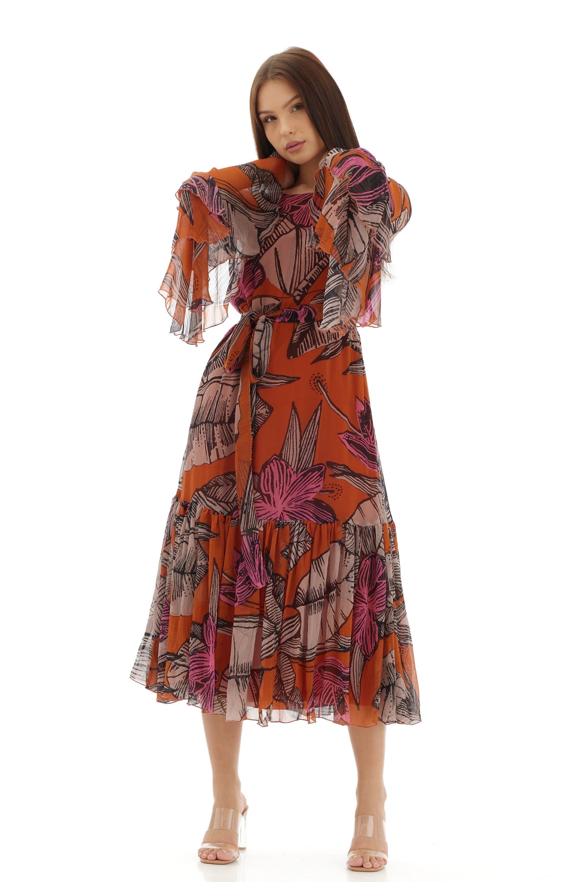 Orange and Beige Midi Dress