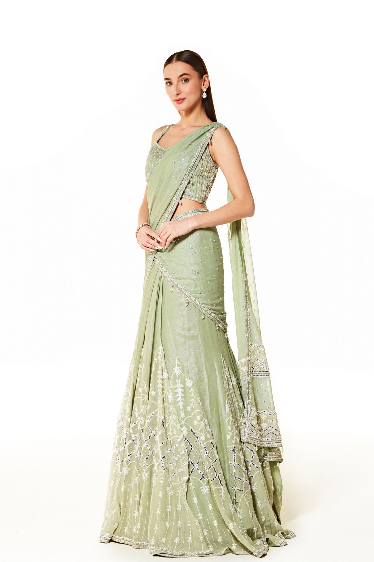 Sage Adha Embroidered Lehenga Saree Set