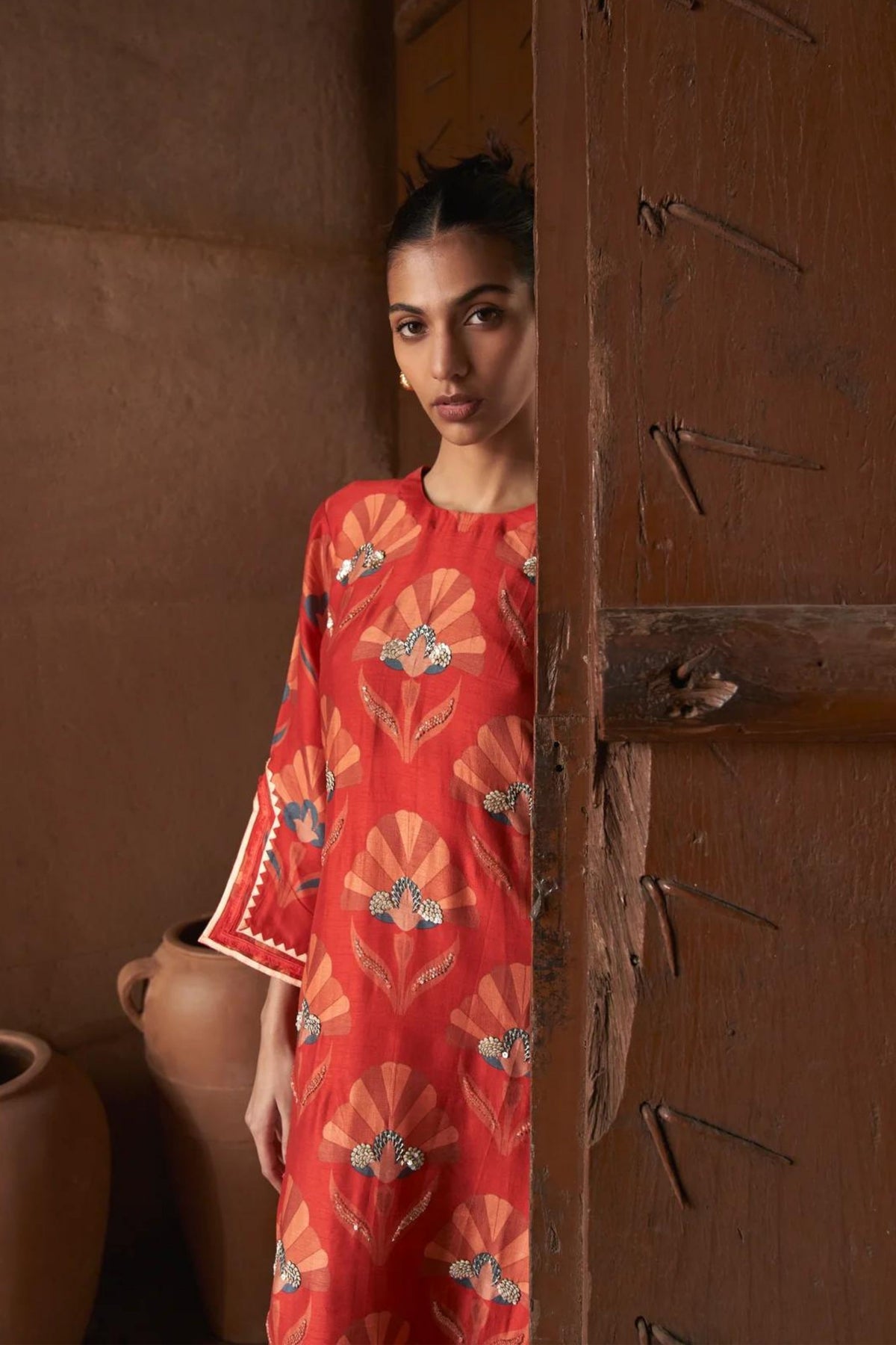 Red Moroccan Shell Print Kurta Set