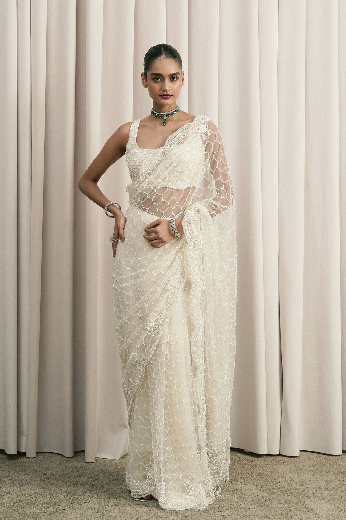 Ivory Scalloped Sequin Saree Set