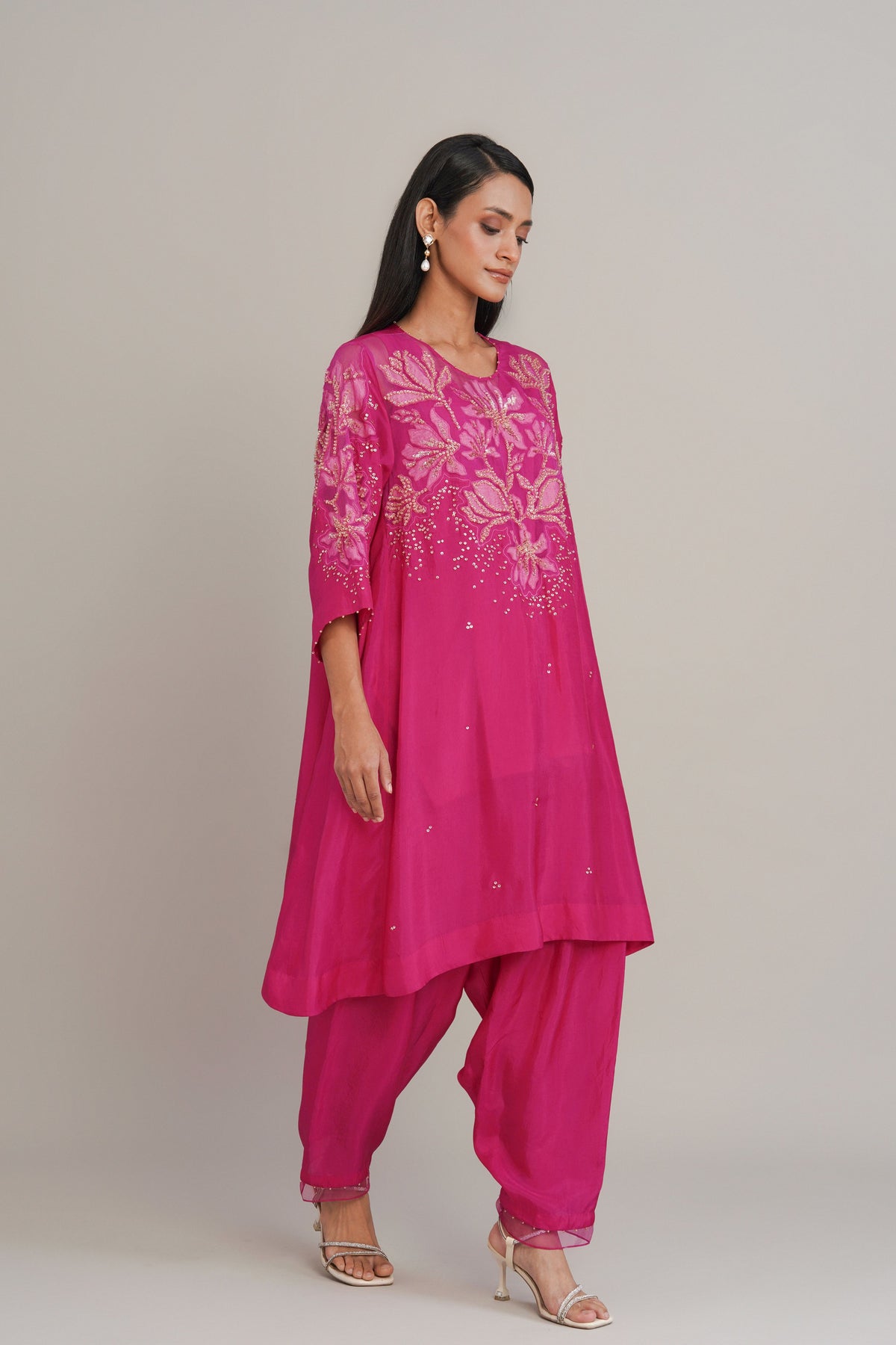 Hot Pink Floral Embellished Sharara Set
