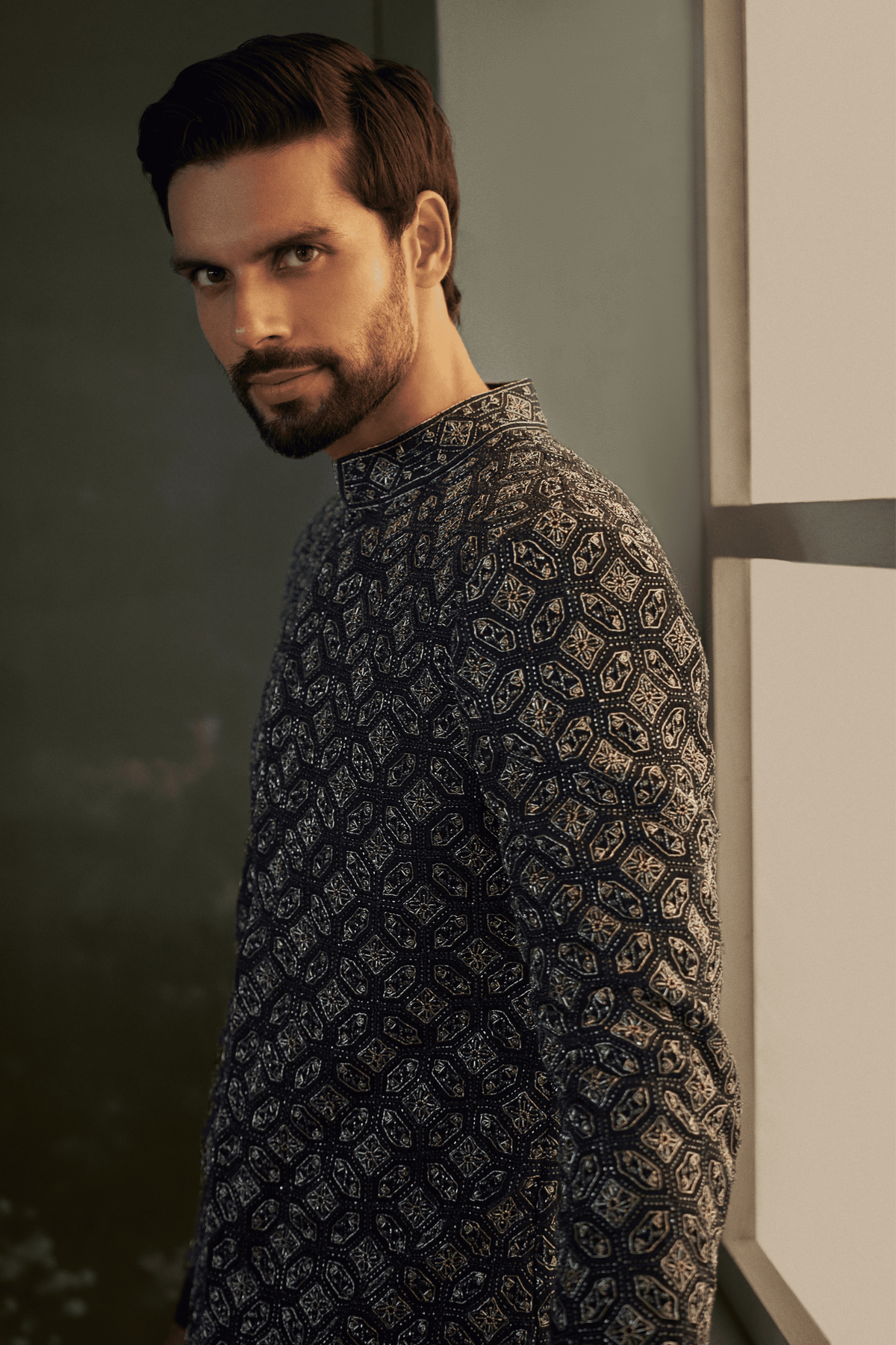 Navy blue Embroidered Sherwani Set