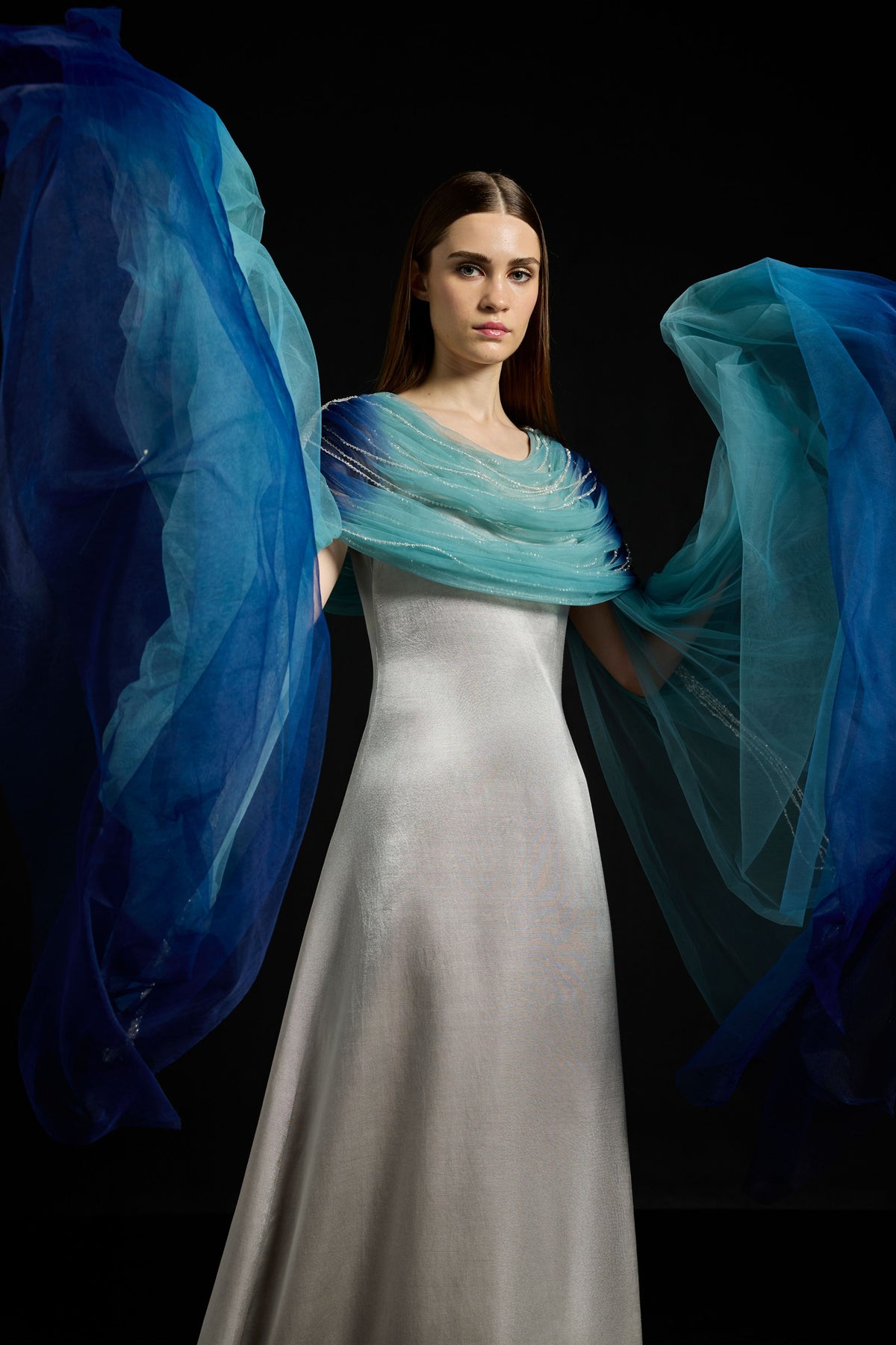 Draped Tulle Fall-Panelled Dress