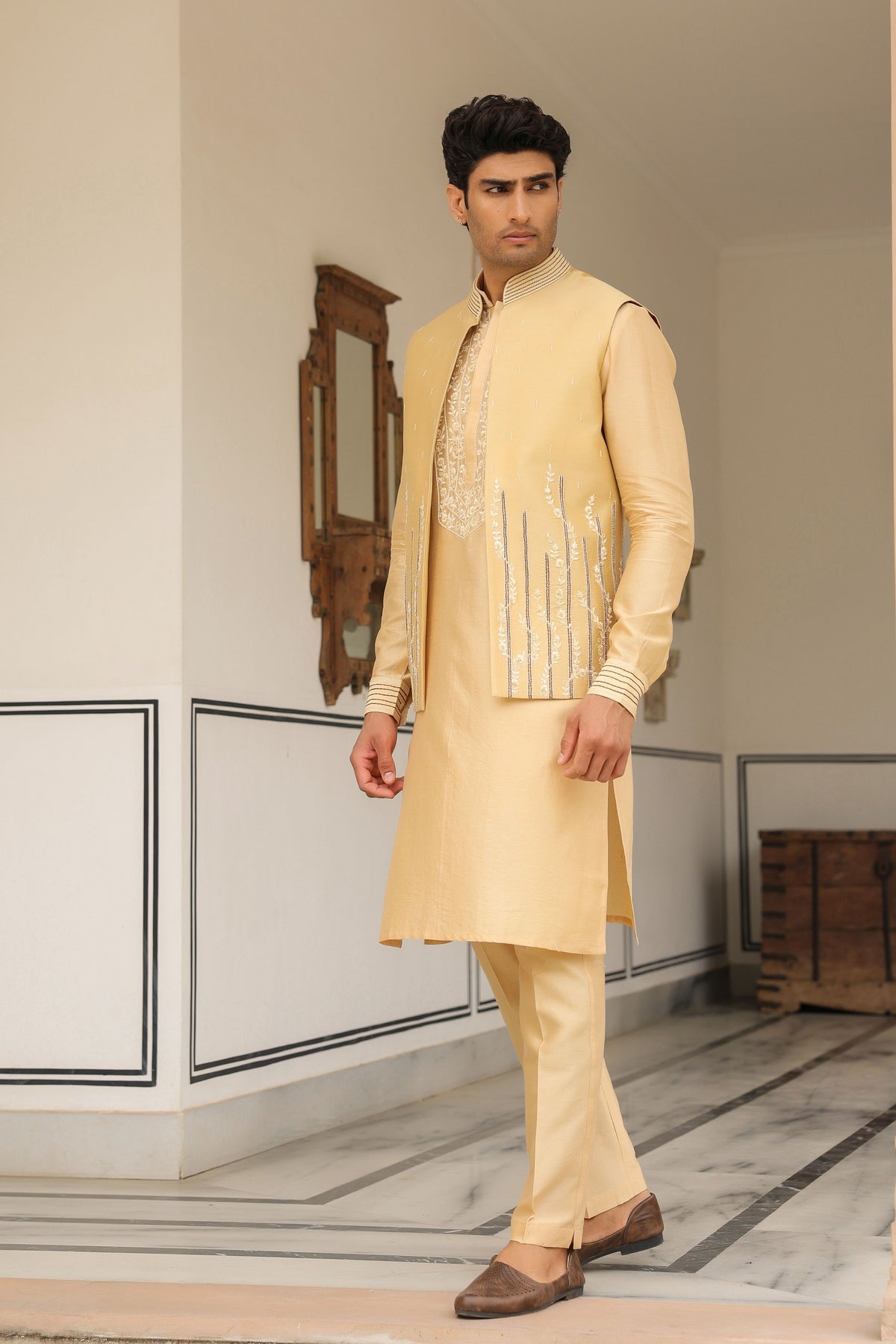Gulzar Beige Floral Embroidered Bandi Set