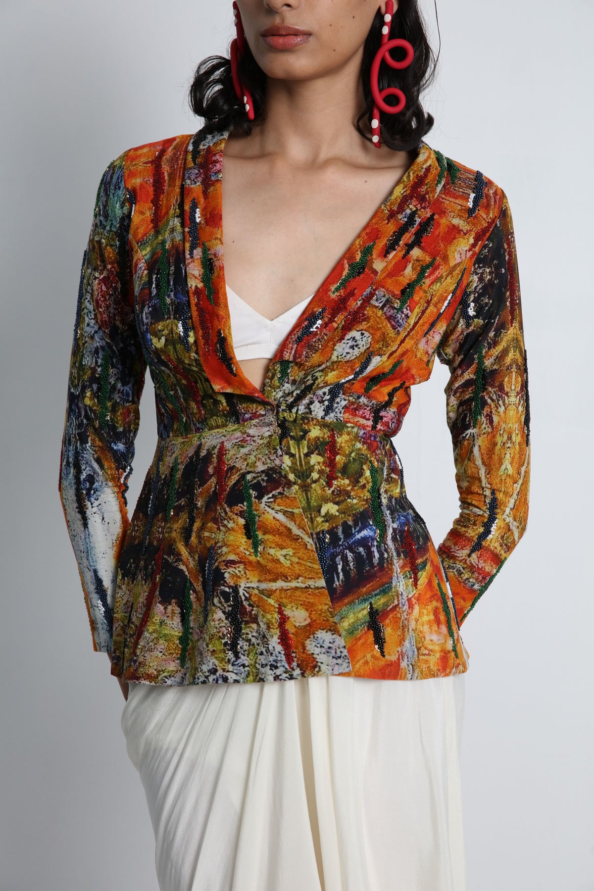 Multicolour Hand Embroidered Jacket Set