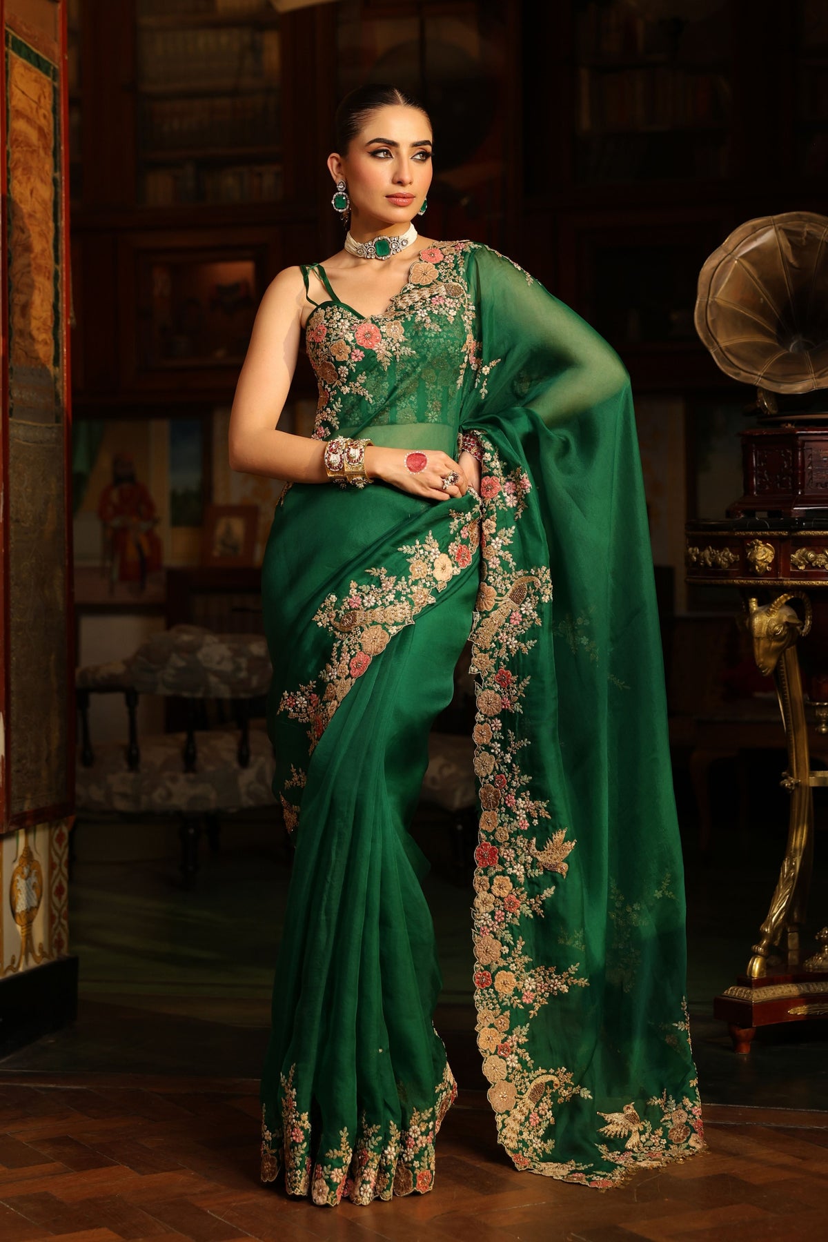 Ahista Green Cutwork Saree Set