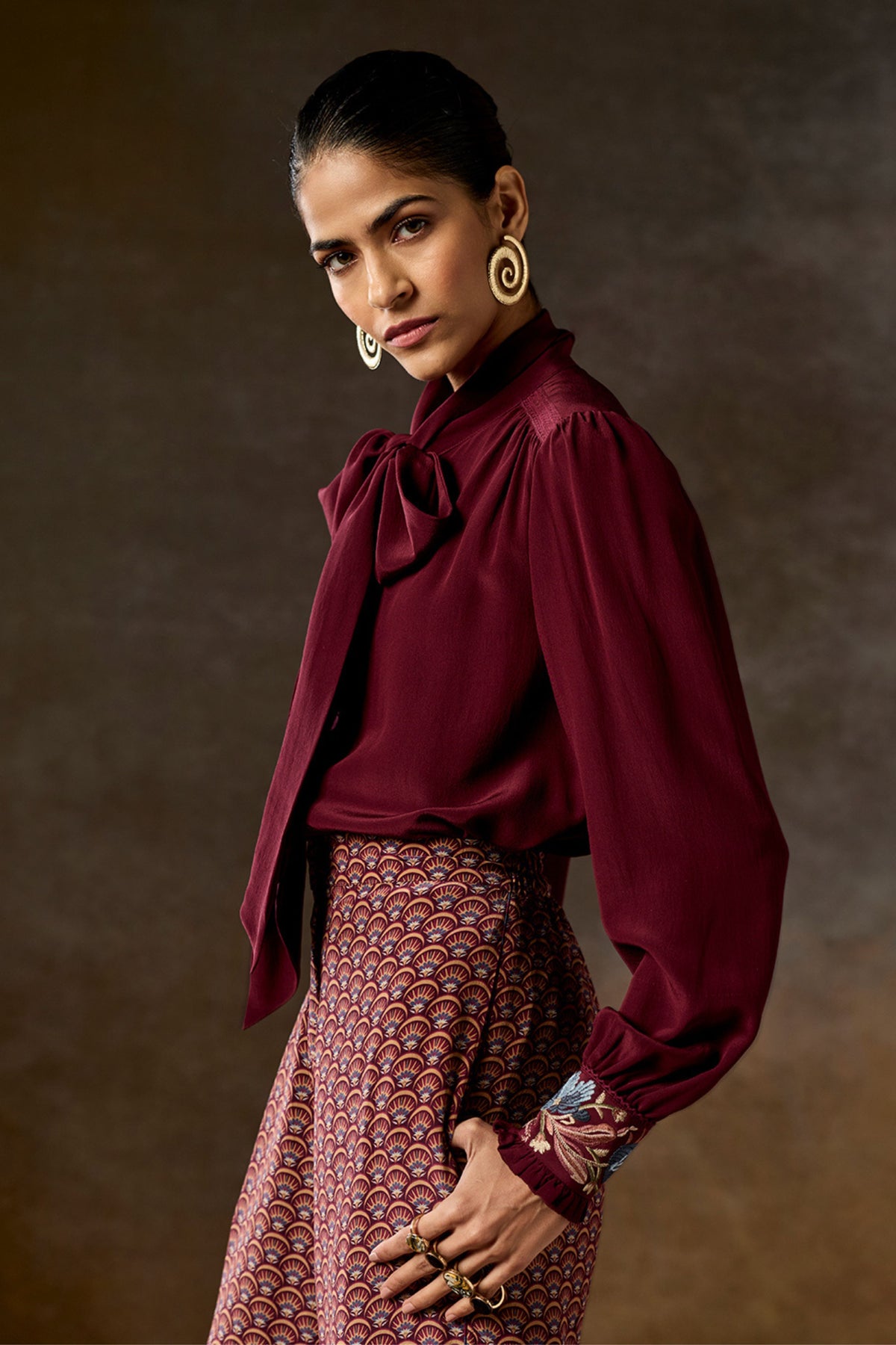 Scarf Neck Wine Silk Blouse